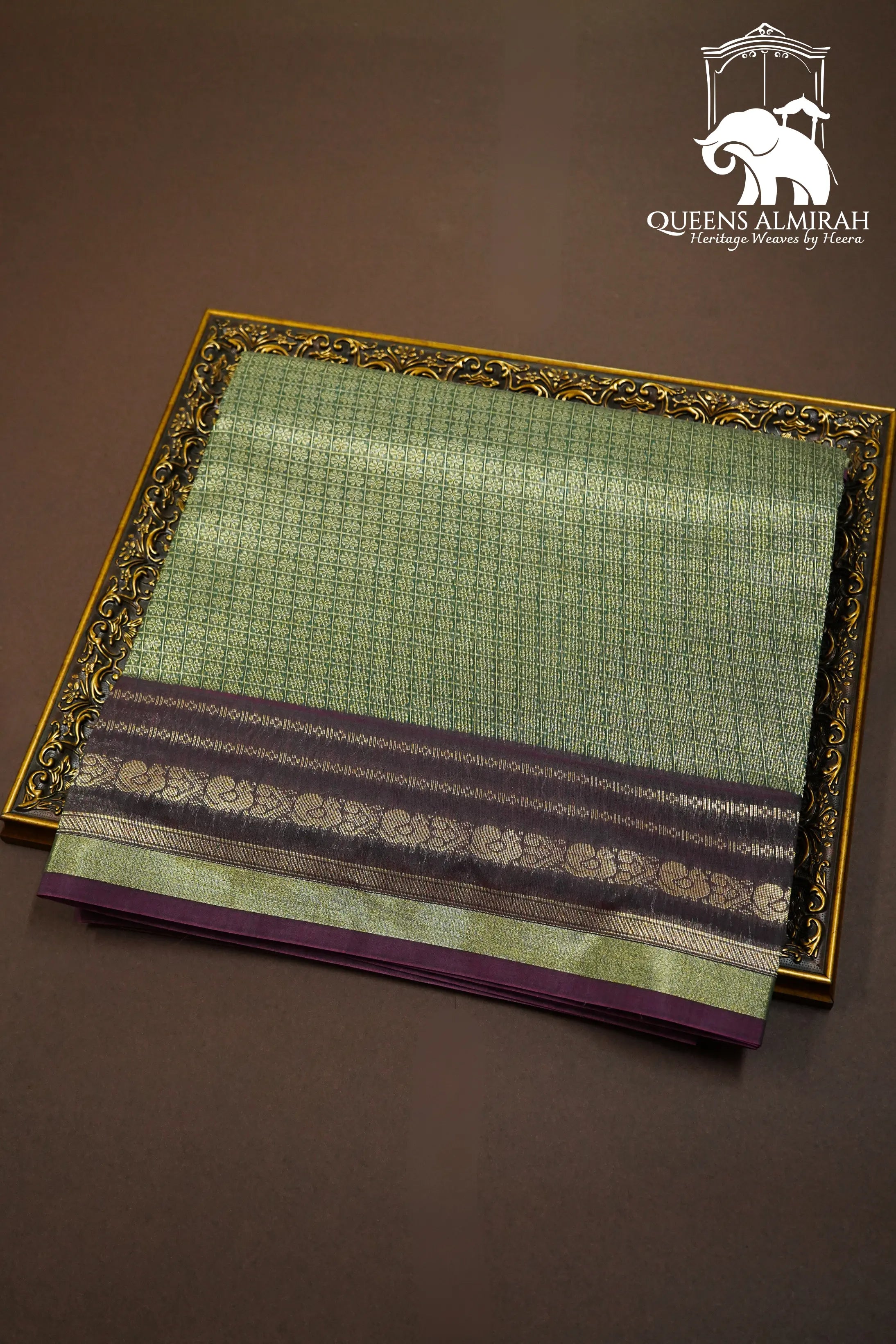 BANARASI SILK  - ARMY GREEN WITH DUNE WOVEN BORDER SILK COTTON SAREE - Queens Jewel Emporium