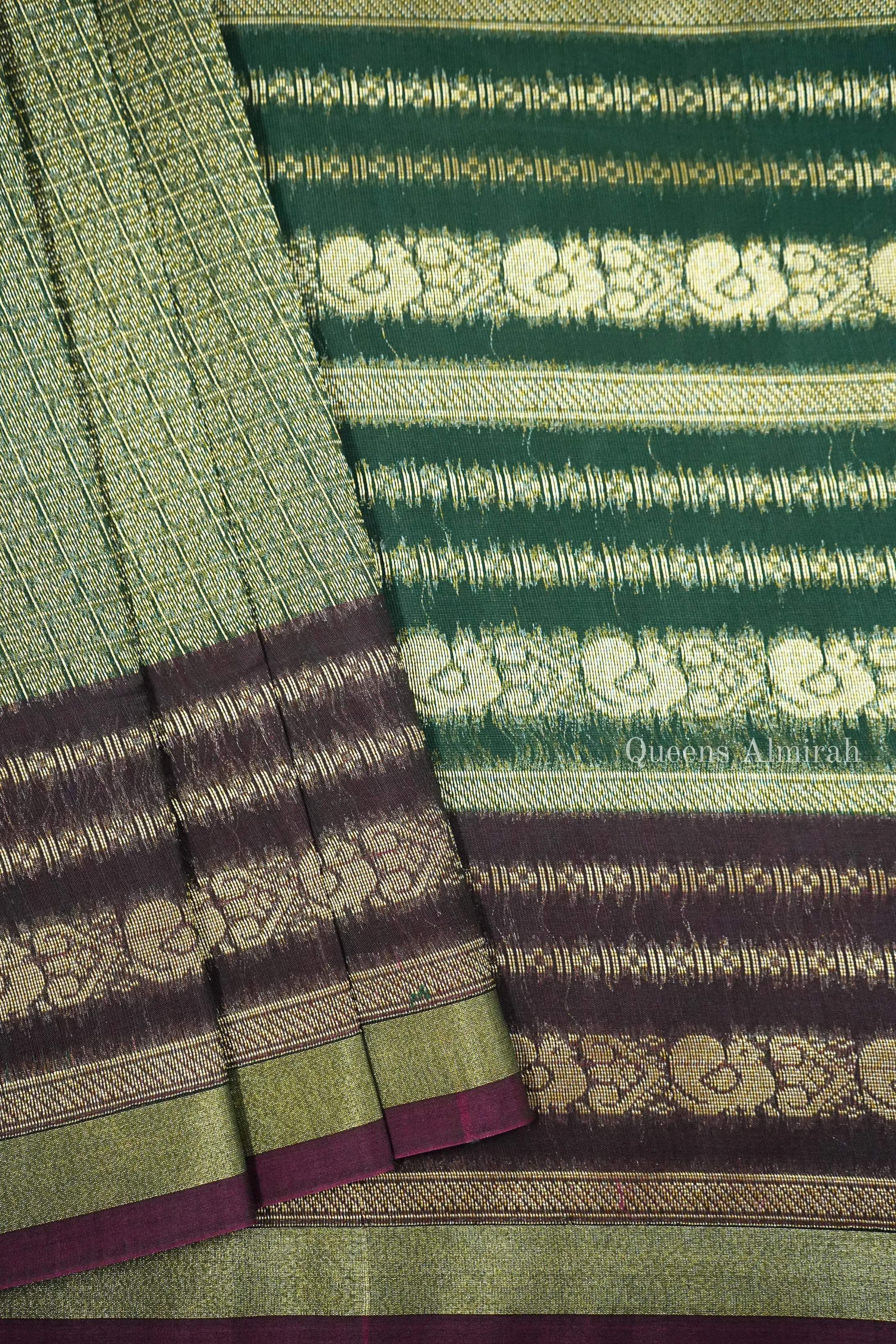 BANARASI SILK  - ARMY GREEN WITH DUNE WOVEN BORDER SILK COTTON SAREE - Queens Jewel Emporium