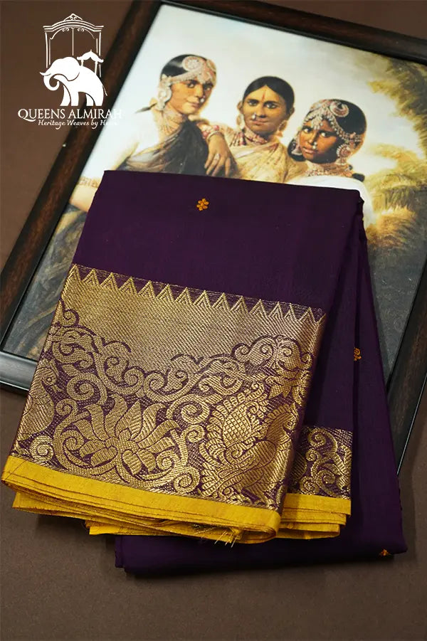 BERRY WITH ORANGE GOLD KANCHI COTTON SAREE - Queens Jewel Emporium