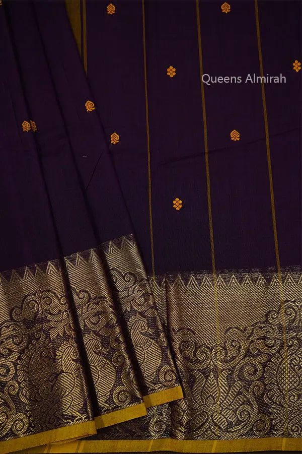 BERRY WITH ORANGE GOLD KANCHI COTTON SAREE - Queens Jewel Emporium
