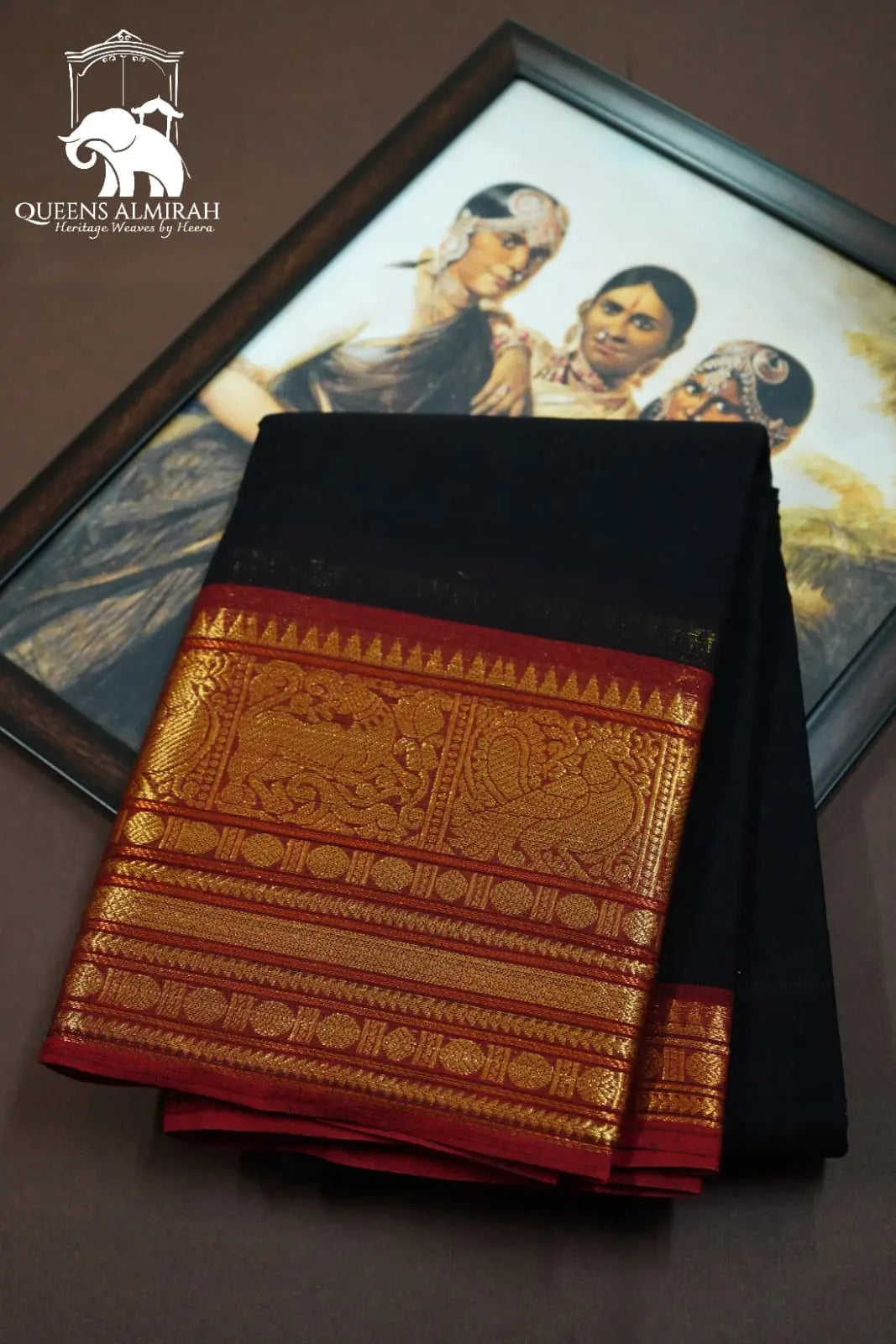 BLACK BEAN WITH CHERRY WOOD KANCHI COTTON SAREE - Queens Jewel Emporium