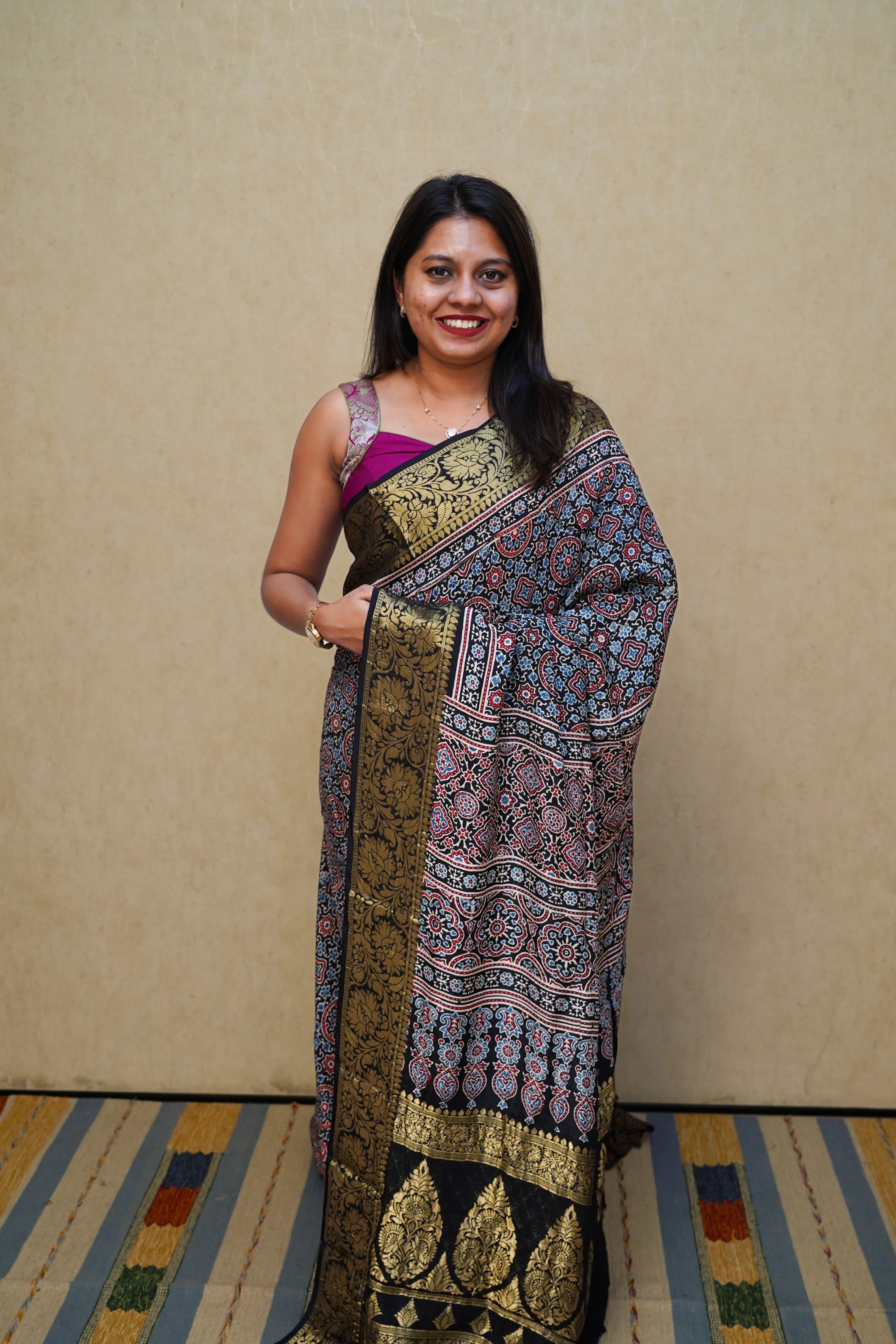 BLACK DOLA AJARAKH SILK SAREE 6 - Queens Jewel Emporium