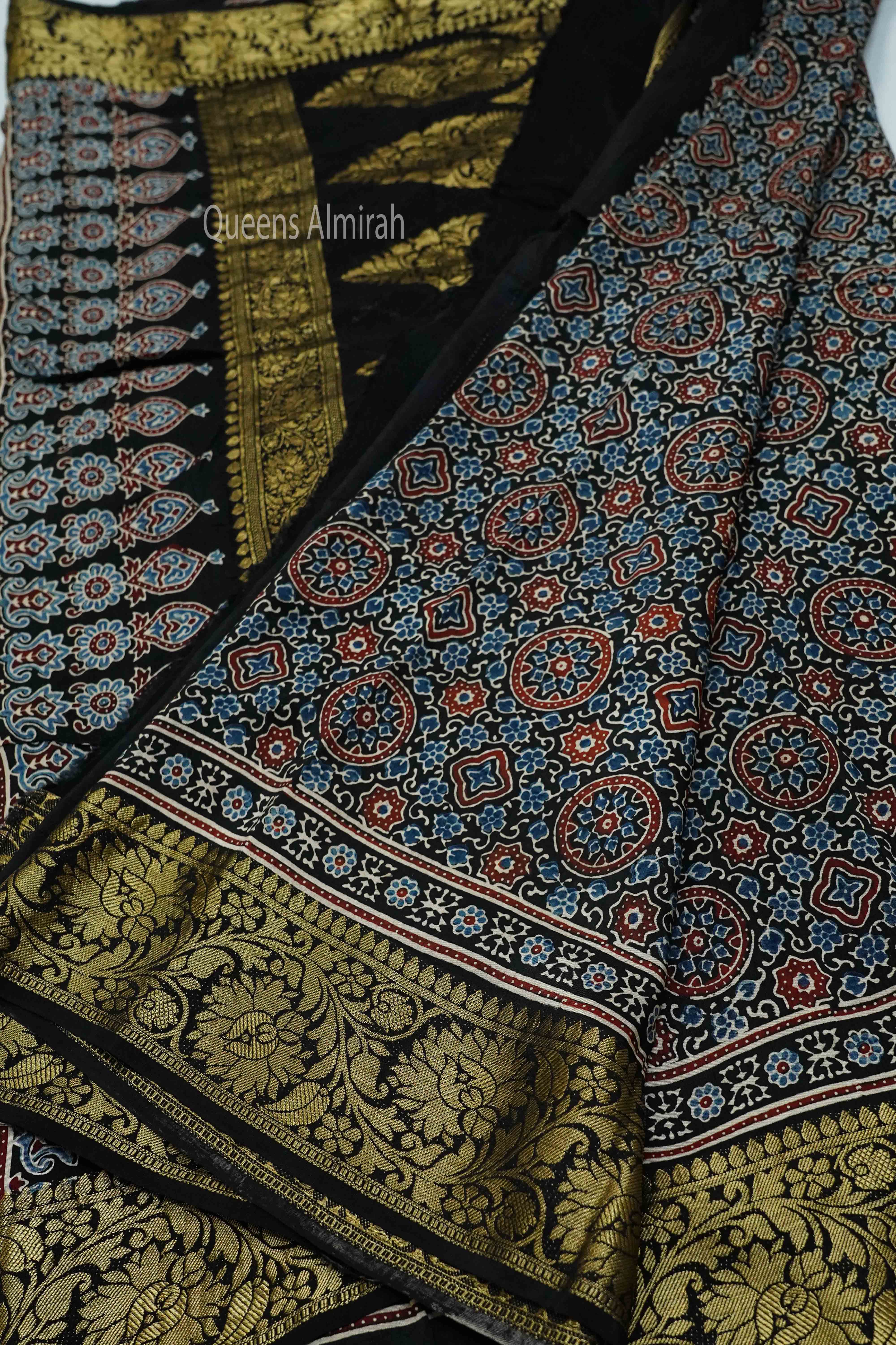 BLACK DOLA AJARAKH SILK SAREE 9 - Queens Jewel Emporium