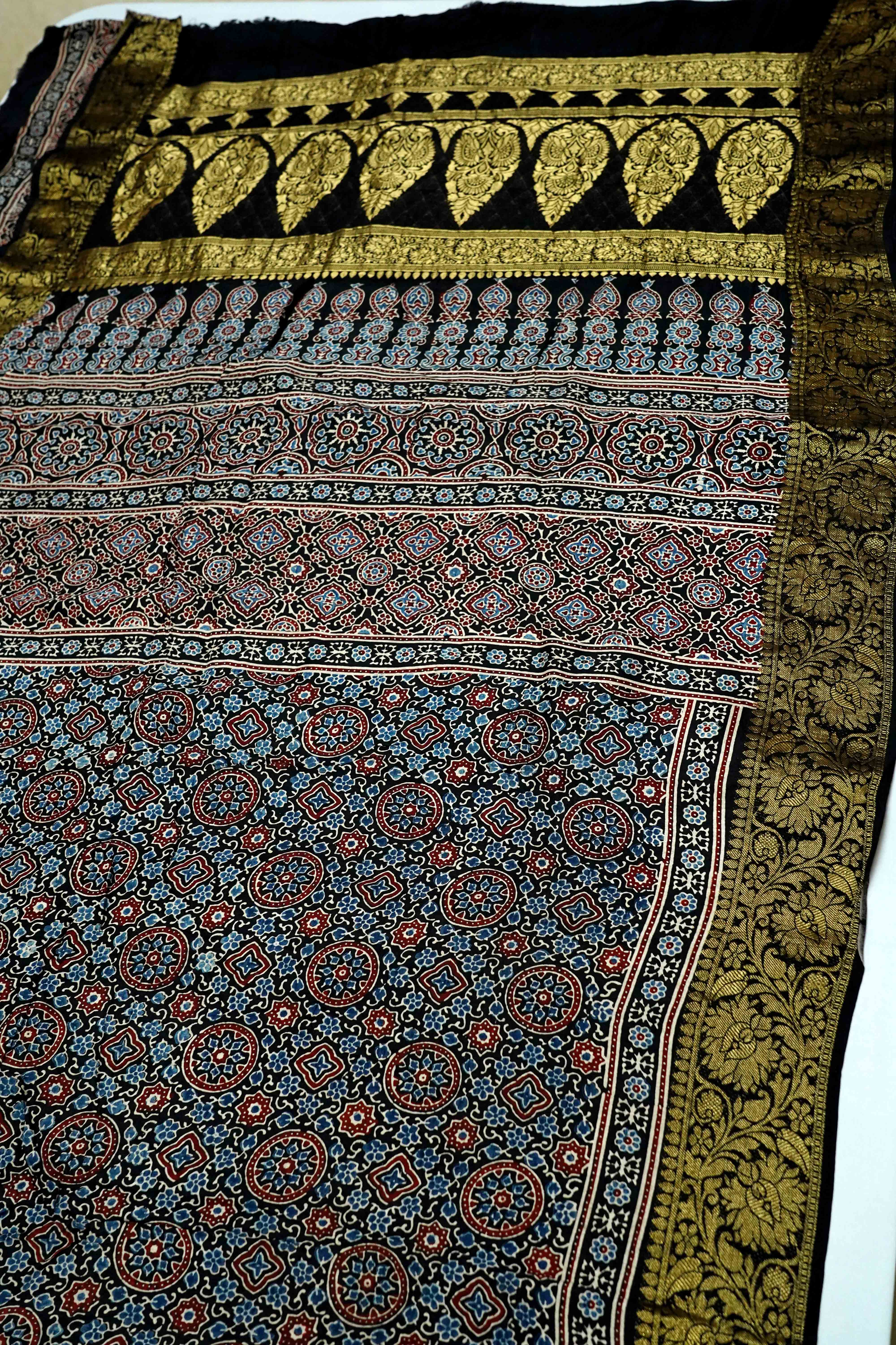 BLACK DOLA AJARAKH SILK SAREE 9 - Queens Jewel Emporium