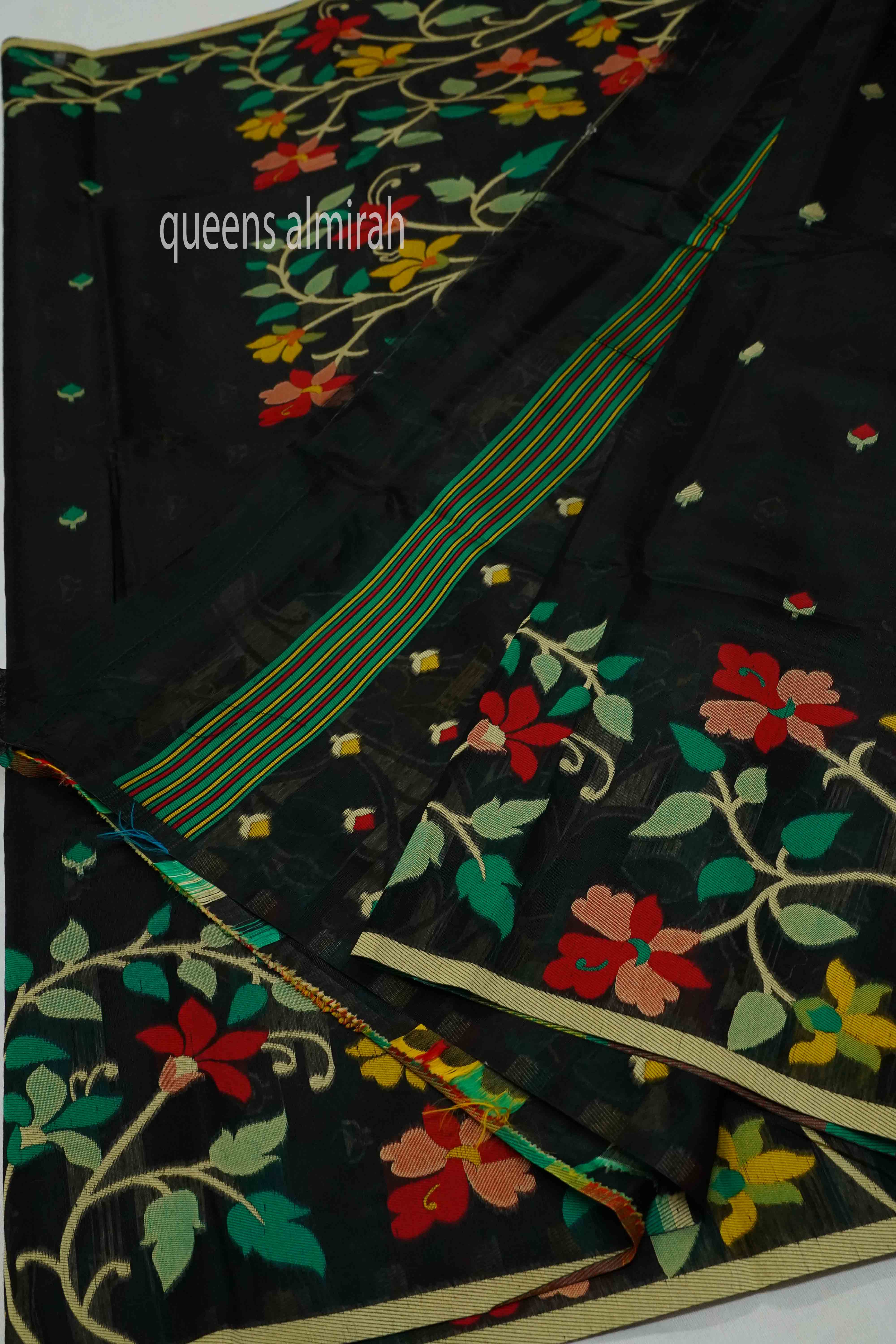 BLACK JAMDANI SILK COTTON SAREE - Queens Jewel Emporium