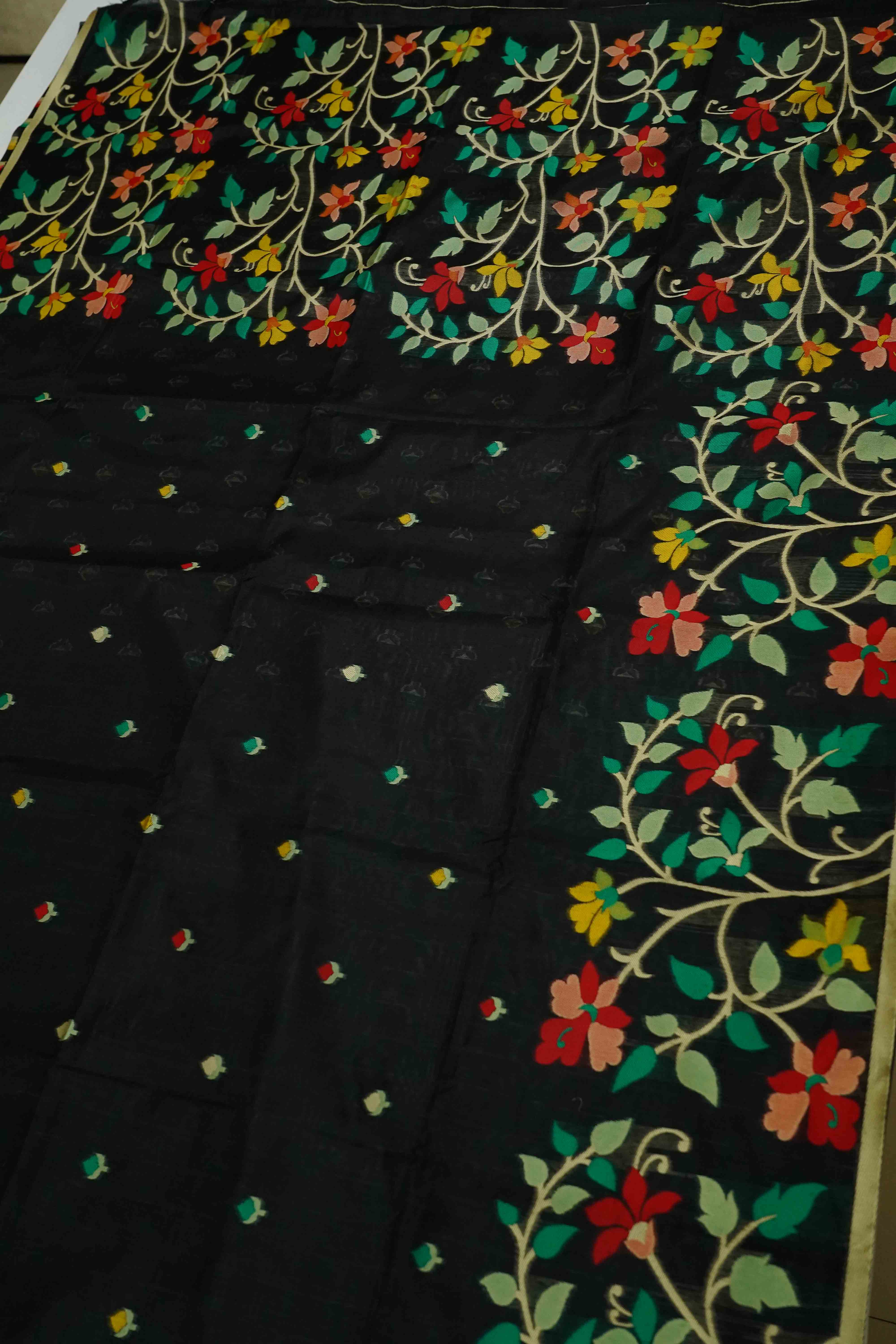 BLACK JAMDANI SILK COTTON SAREE - Queens Jewel Emporium