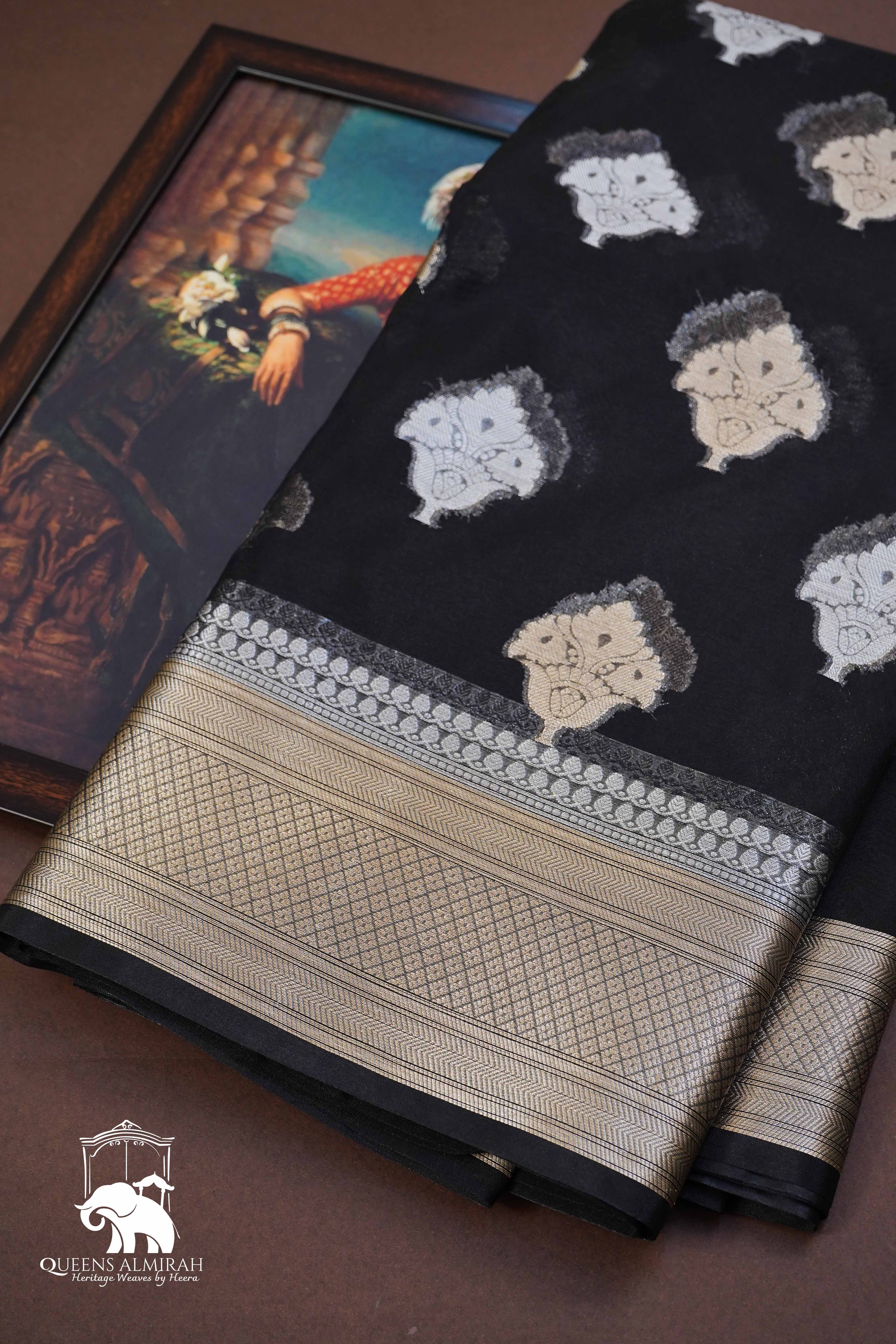 BLACK  KORA ORGANZA SAREE - Queens Jewel Emporium