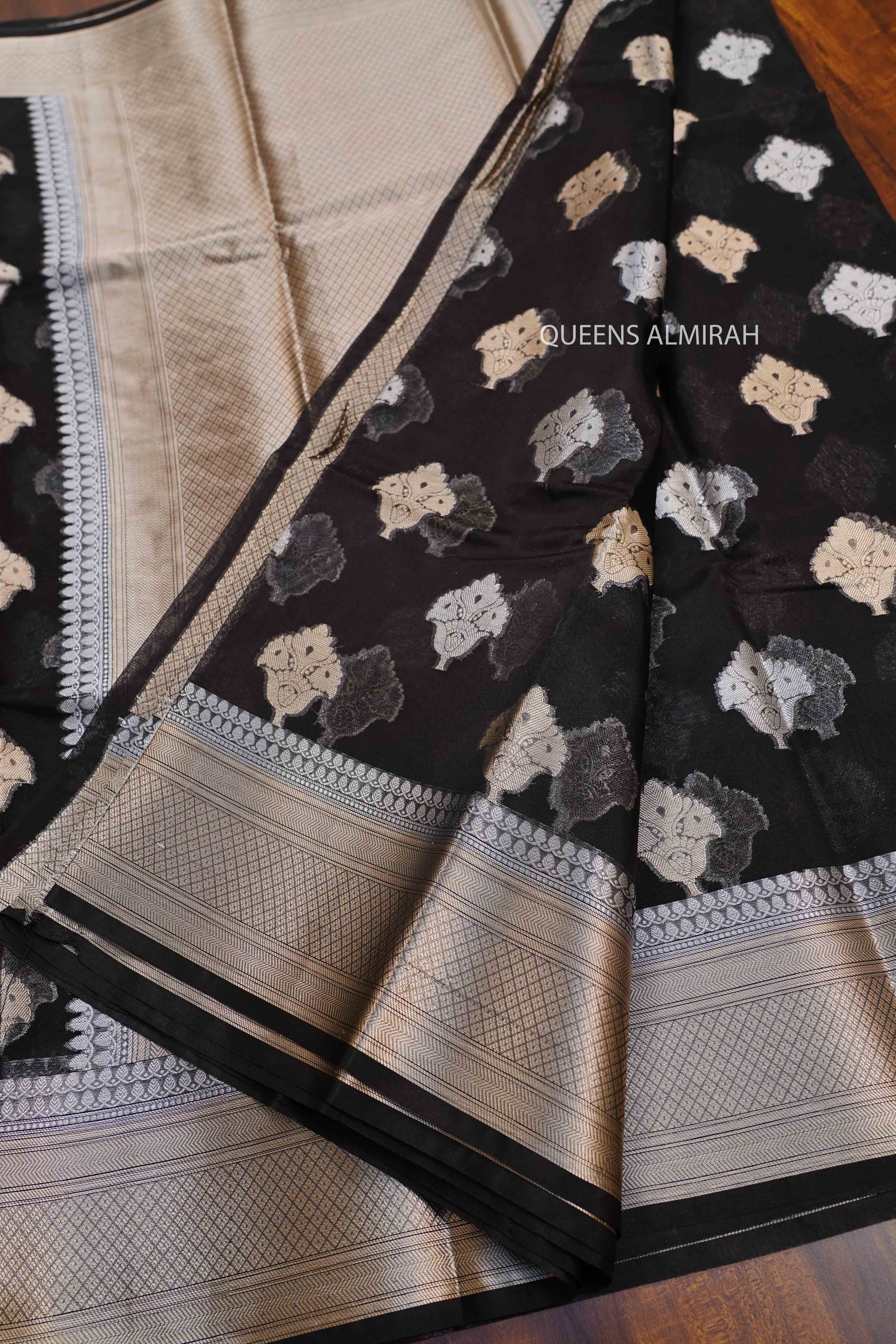 BLACK  KORA ORGANZA SAREE - Queens Jewel Emporium