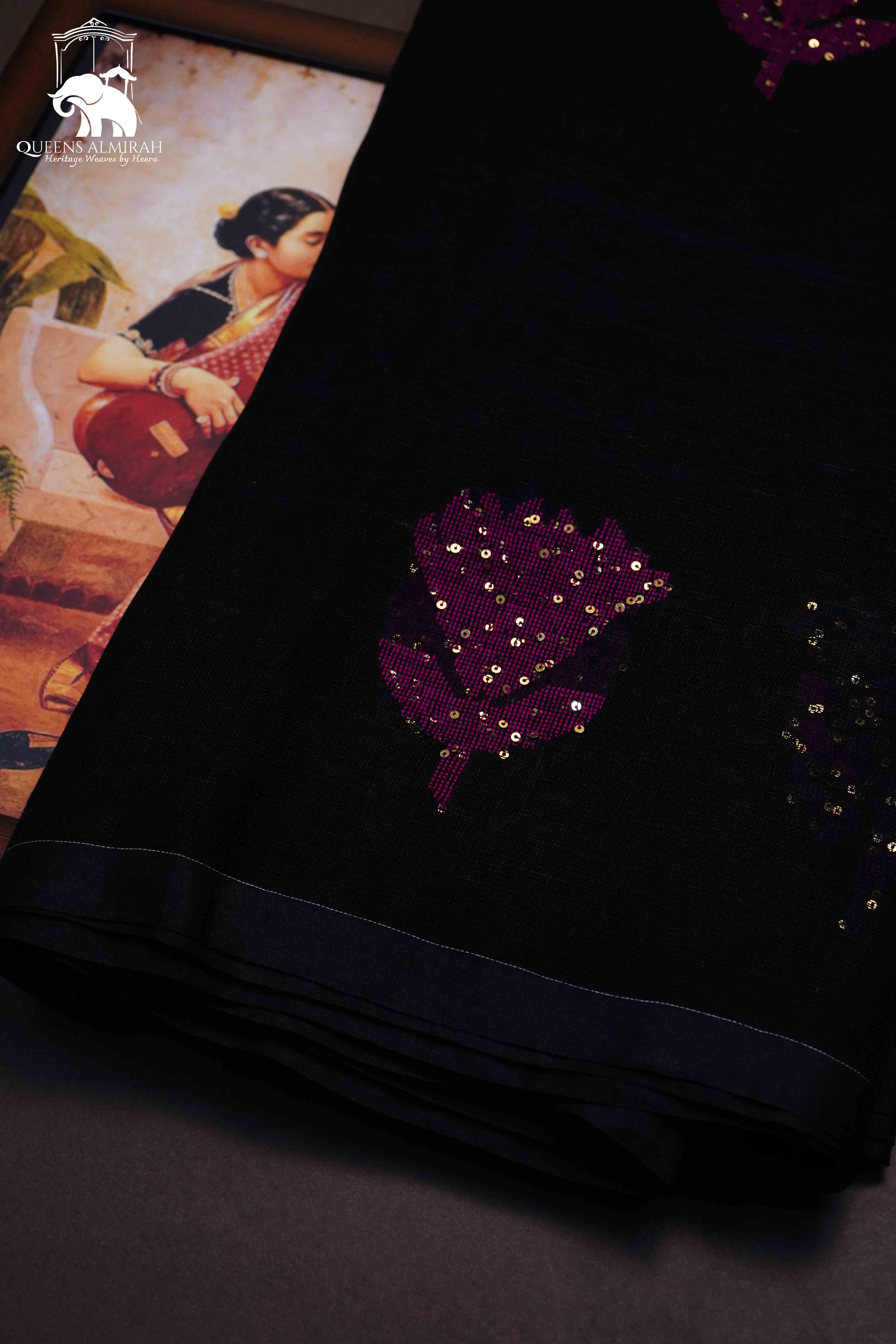BLACK  LINEN COTTON SAREE - Queens Jewel Emporium