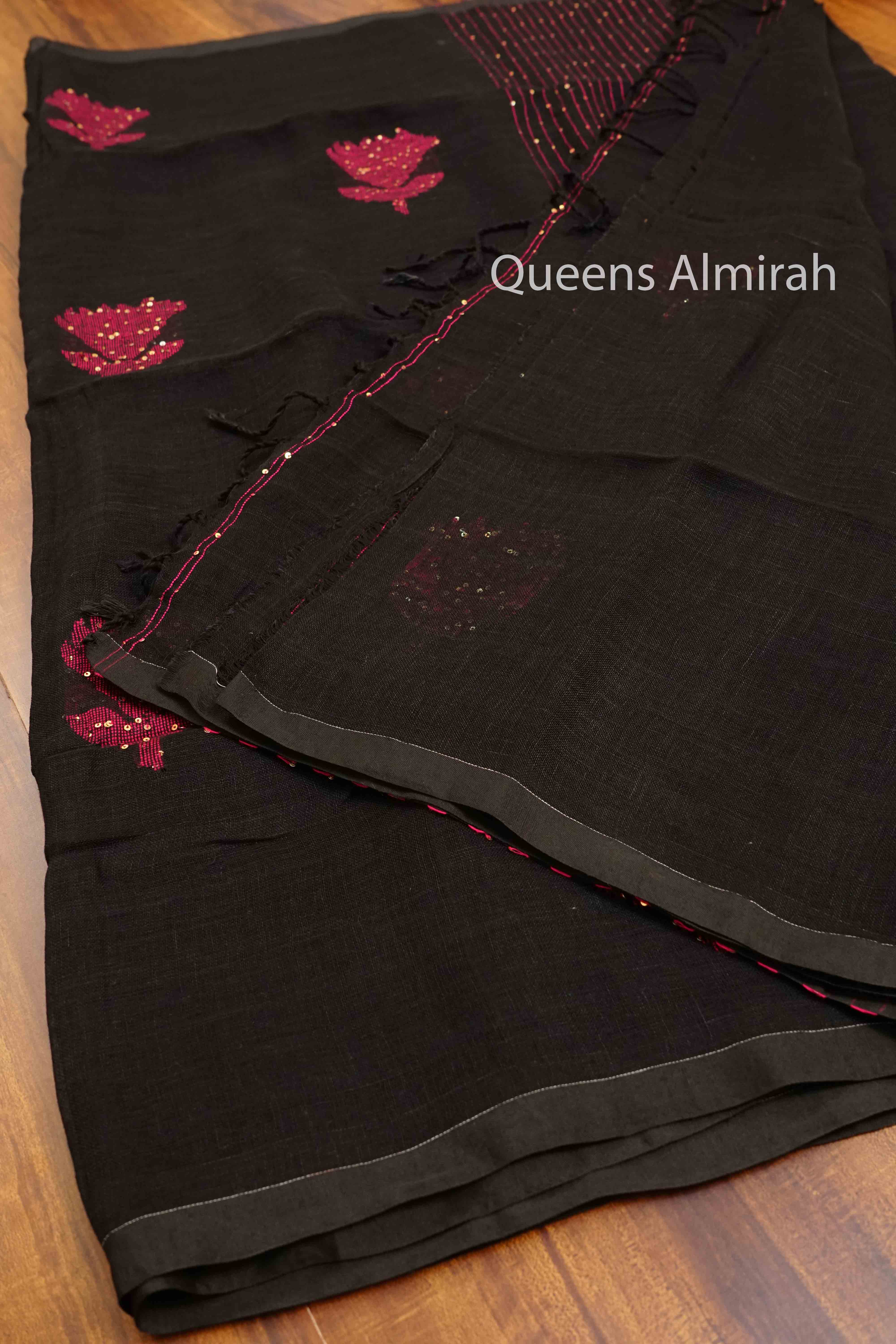 BLACK  LINEN COTTON SAREE - Queens Jewel Emporium