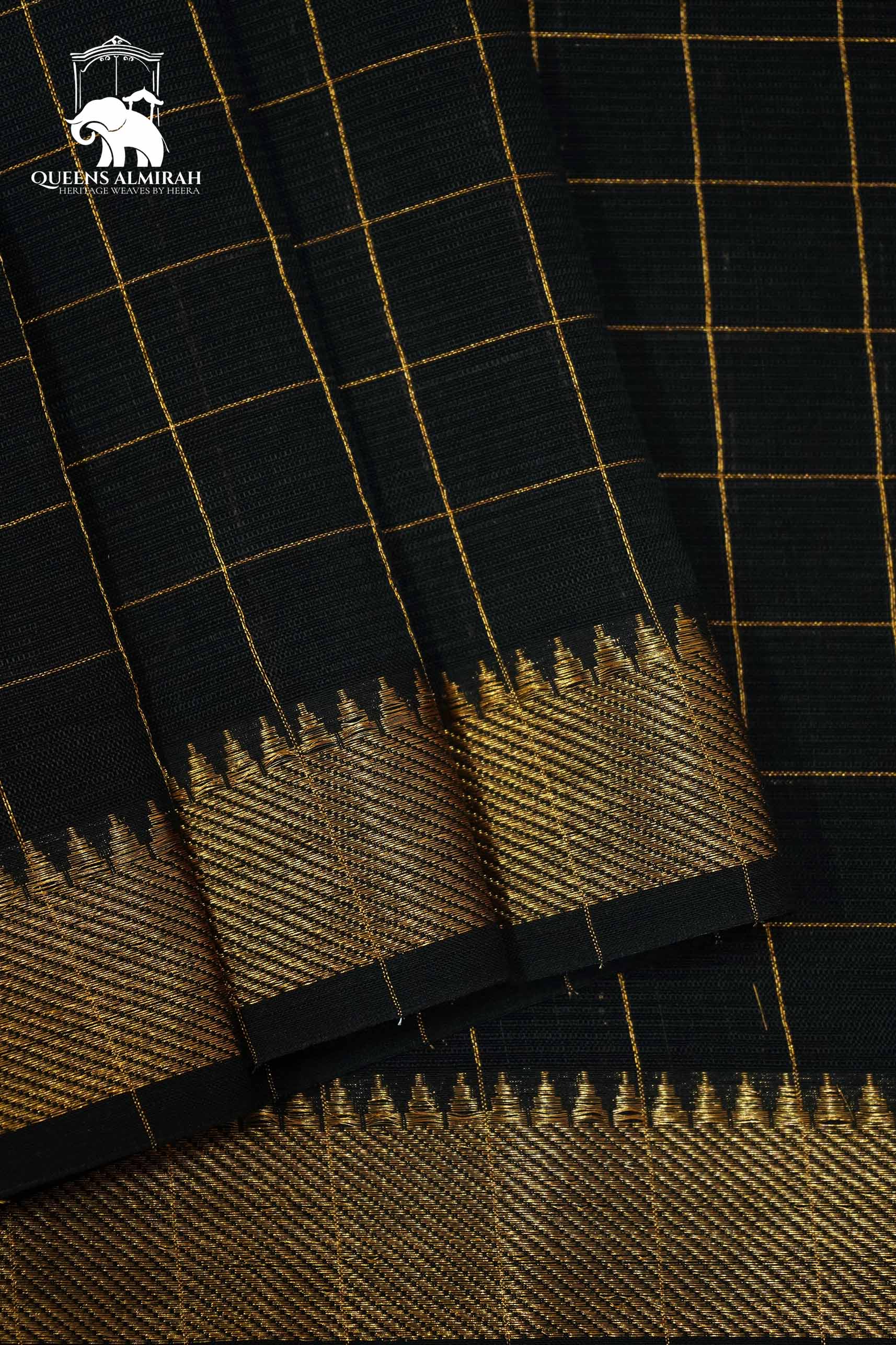 BLACK WITH CHECKS MANGALGIRI SAREE - Queens Jewel Emporium