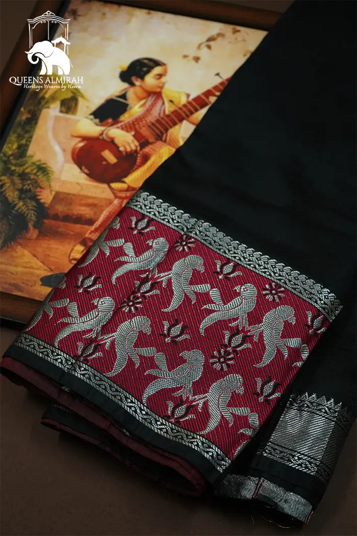 BLACK WITH DEEP ROSE MANGALGIRI SAREE - Queens Jewel Emporium