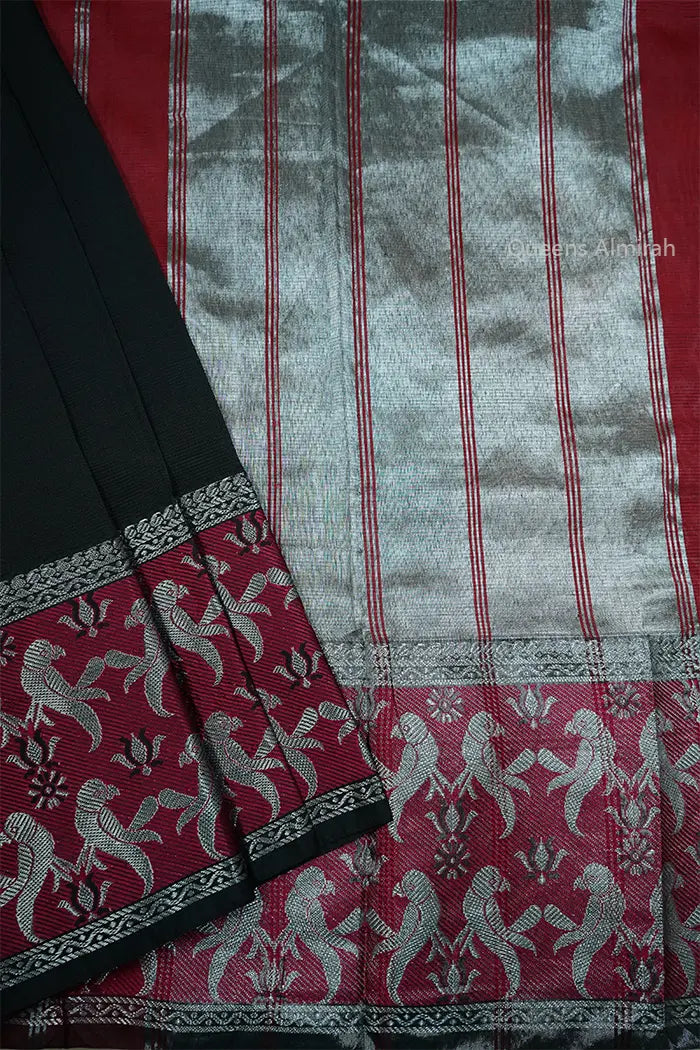 BLACK WITH DEEP ROSE MANGALGIRI SAREE - Queens Jewel Emporium