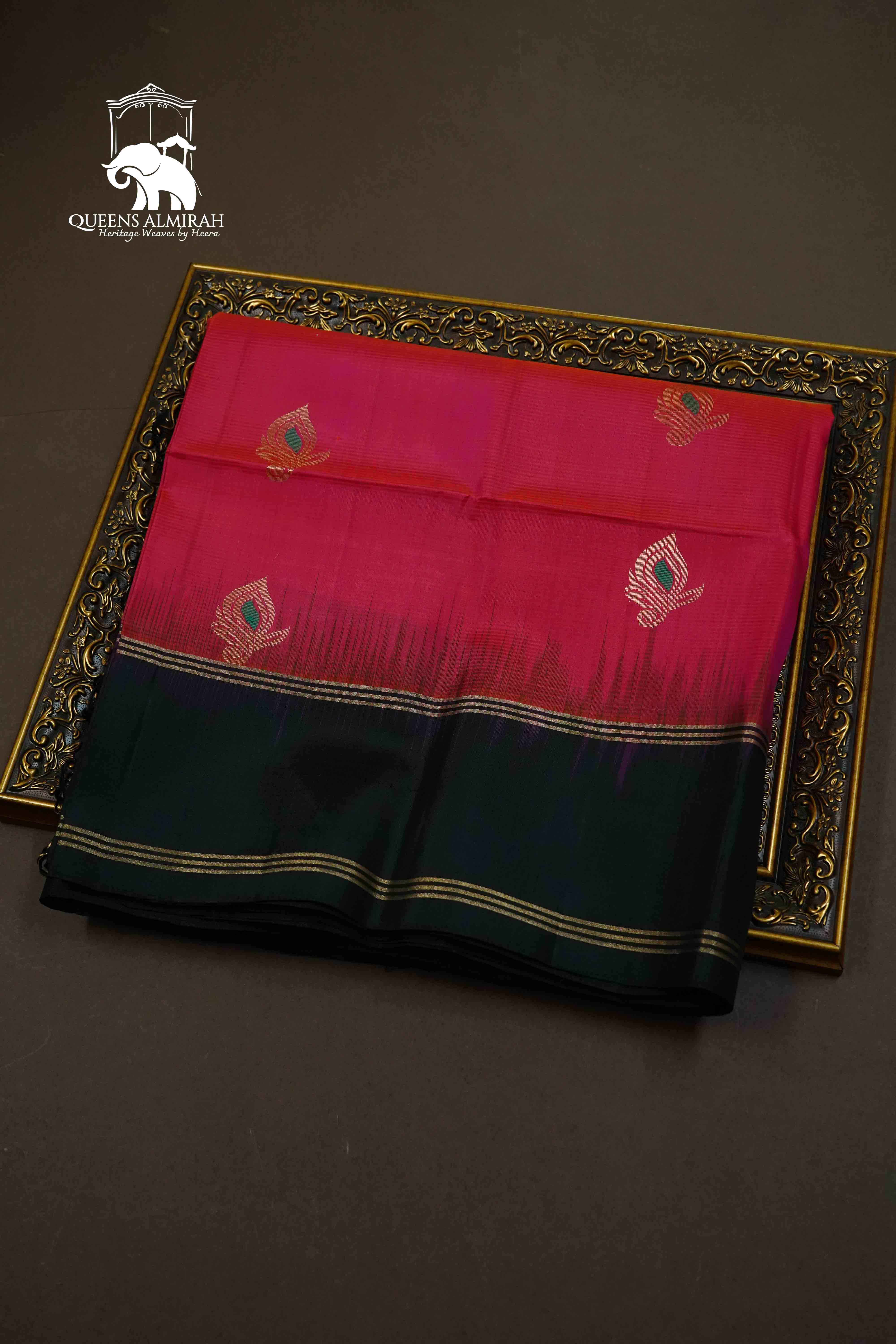BLACK WITH DEEP ROSE PURE KANCHI SOFT SILK SAREE - Queens Jewel Emporium