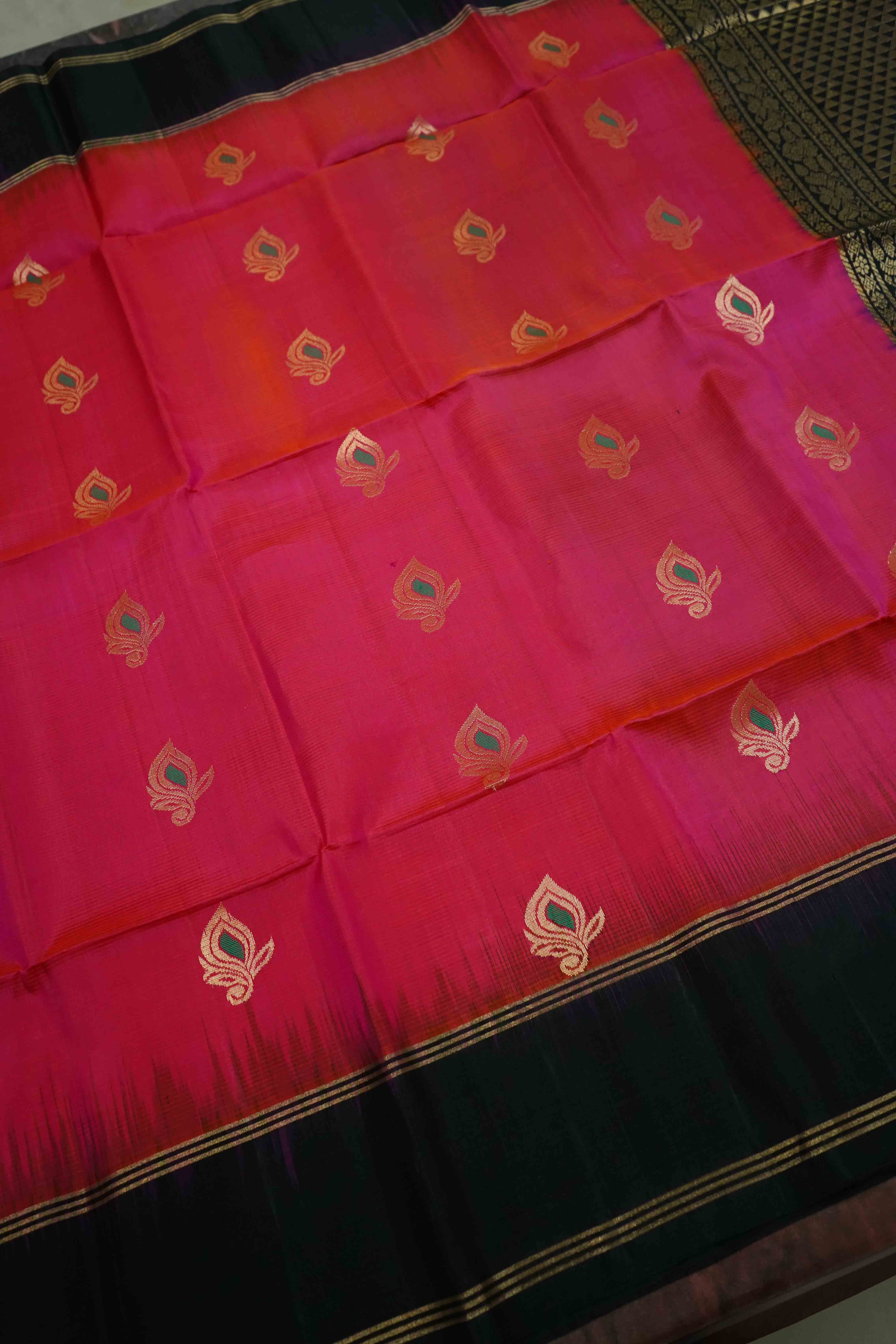 BLACK WITH DEEP ROSE PURE KANCHI SOFT SILK SAREE - Queens Jewel Emporium