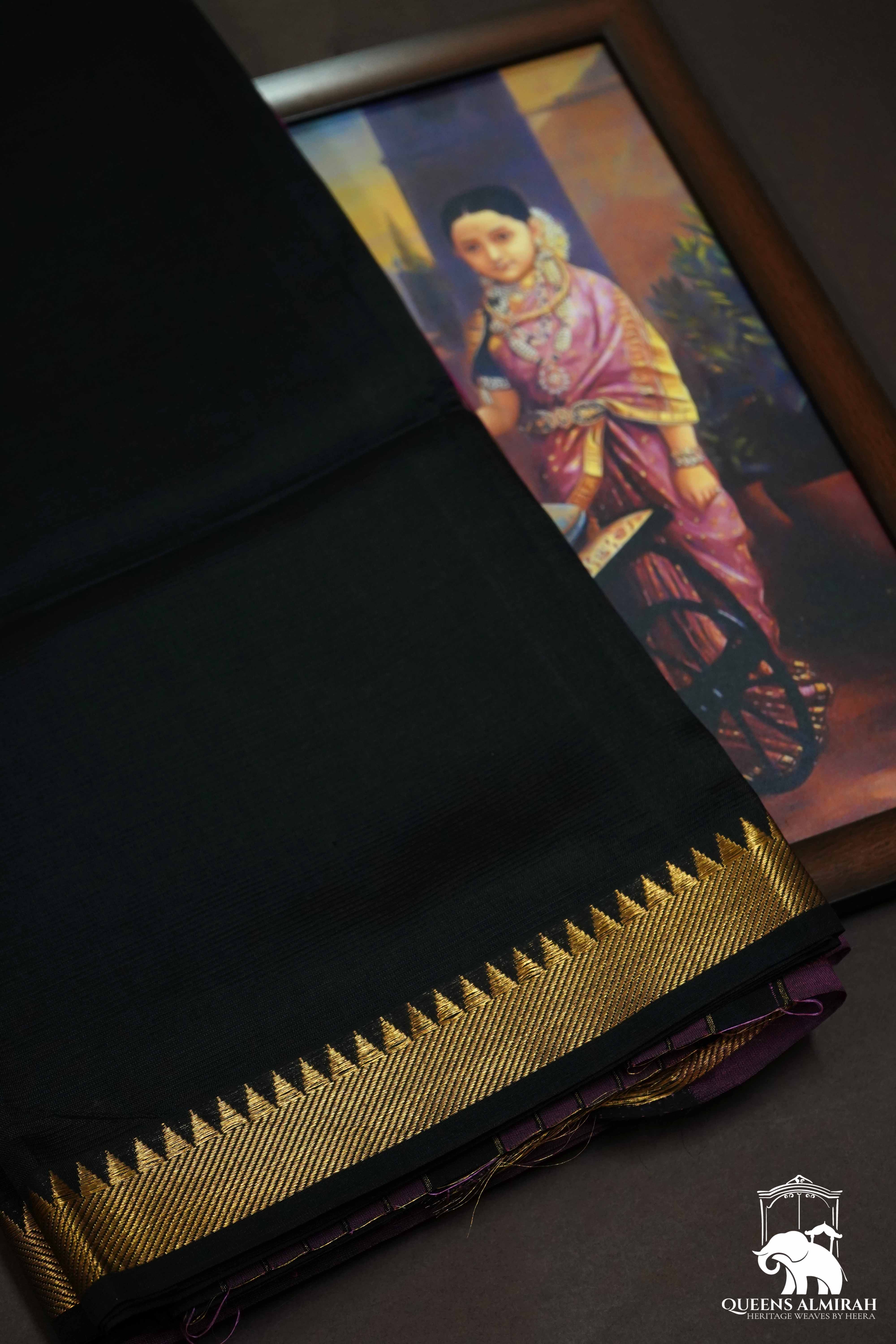 BLACK WITH GOLD BORDER MANGALGIRI SAREE - Queens Jewel Emporium