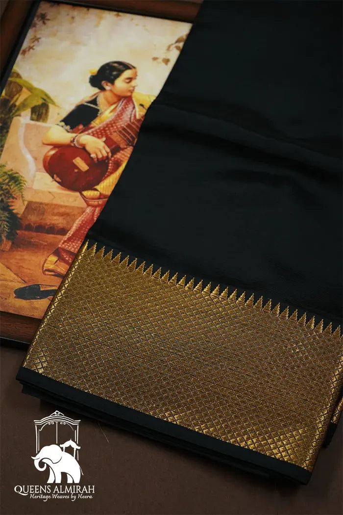 BLACK WITH GOLDEN BORDER MANGALGIRI SAREE - Queens Jewel Emporium