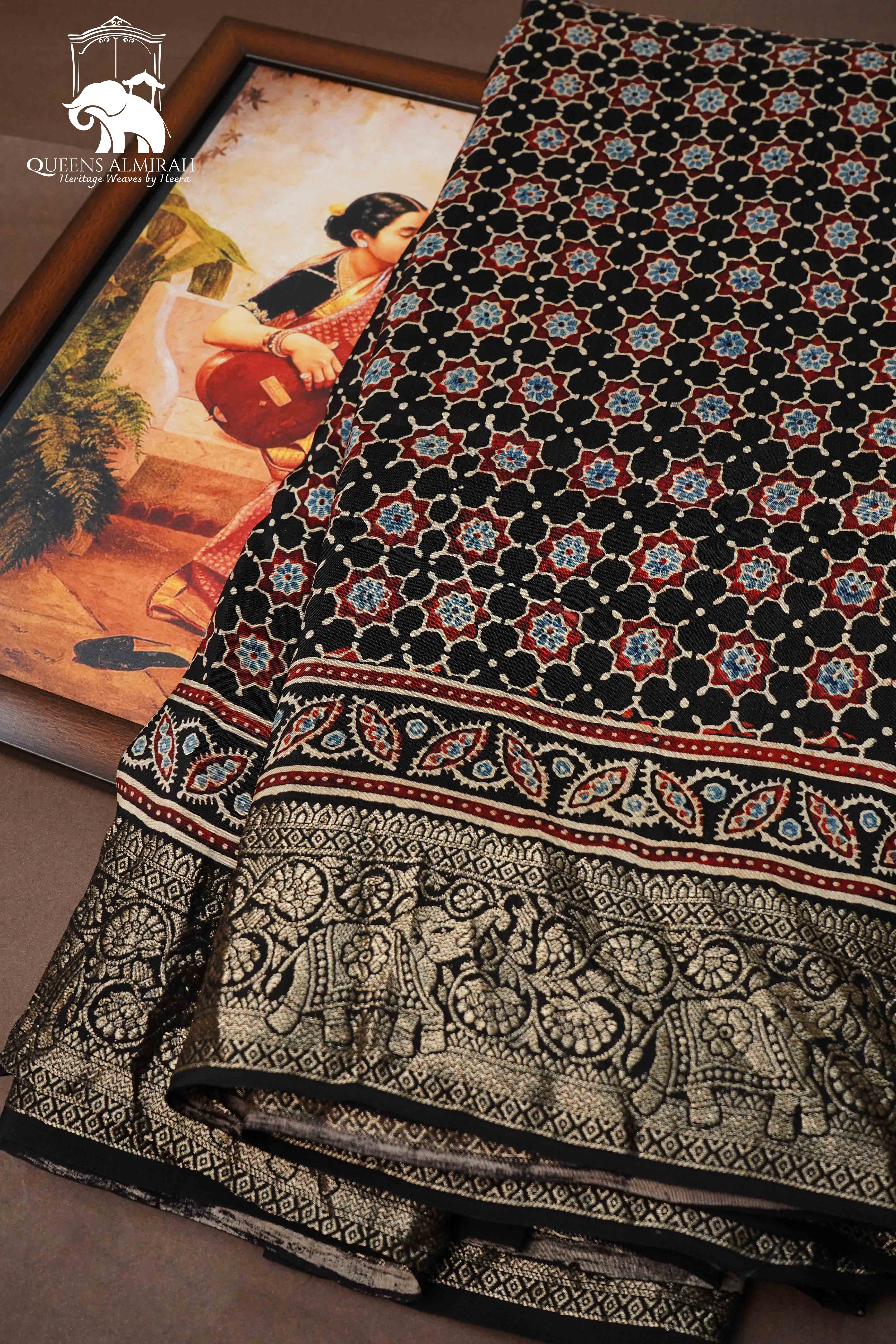 BLACK WITH MULTICOLOR DOLA AJARAKH SILK SAREE 3 - Queens Jewel Emporium