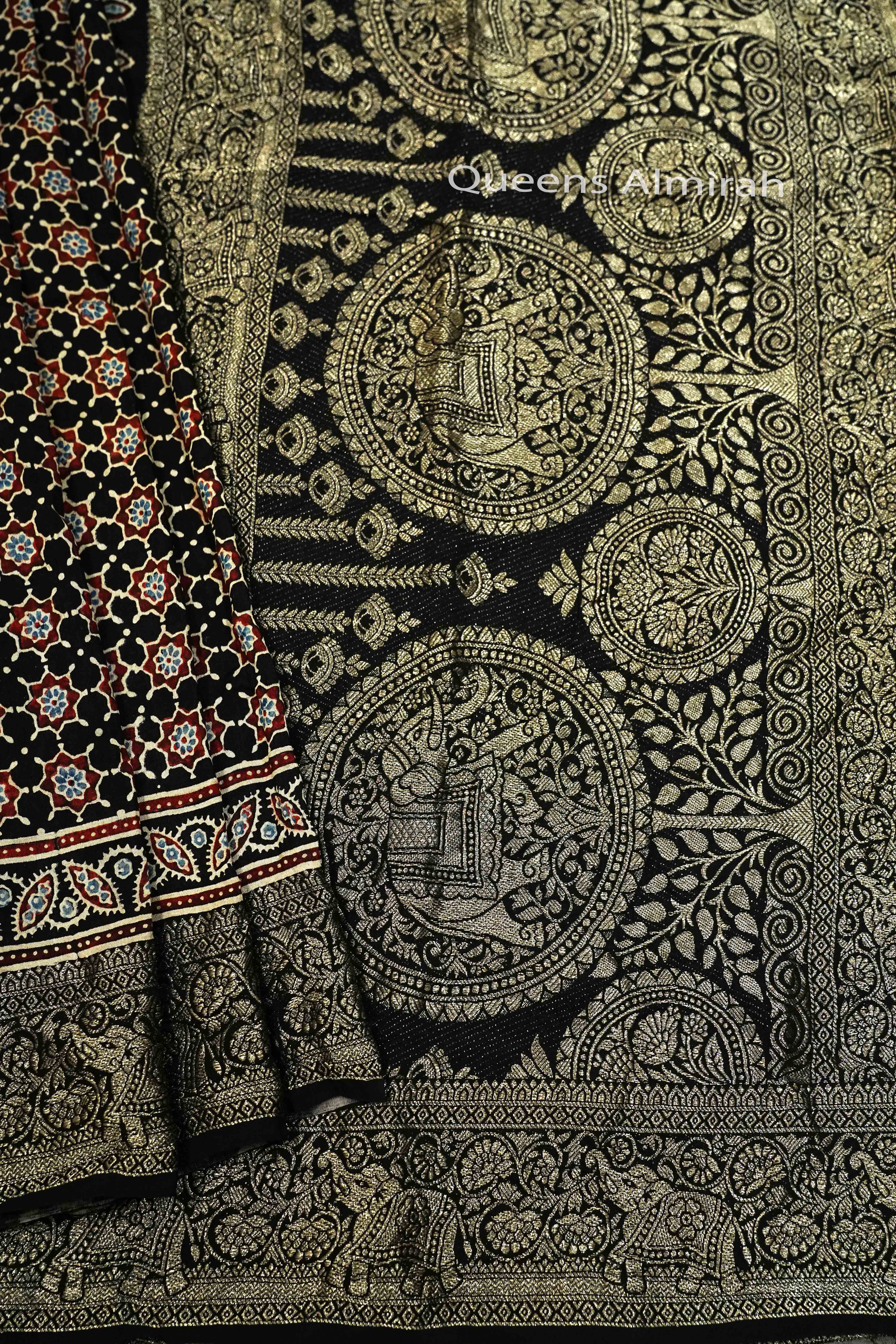 BLACK WITH MULTICOLOR DOLA AJARAKH SILK SAREE 3 - Queens Jewel Emporium