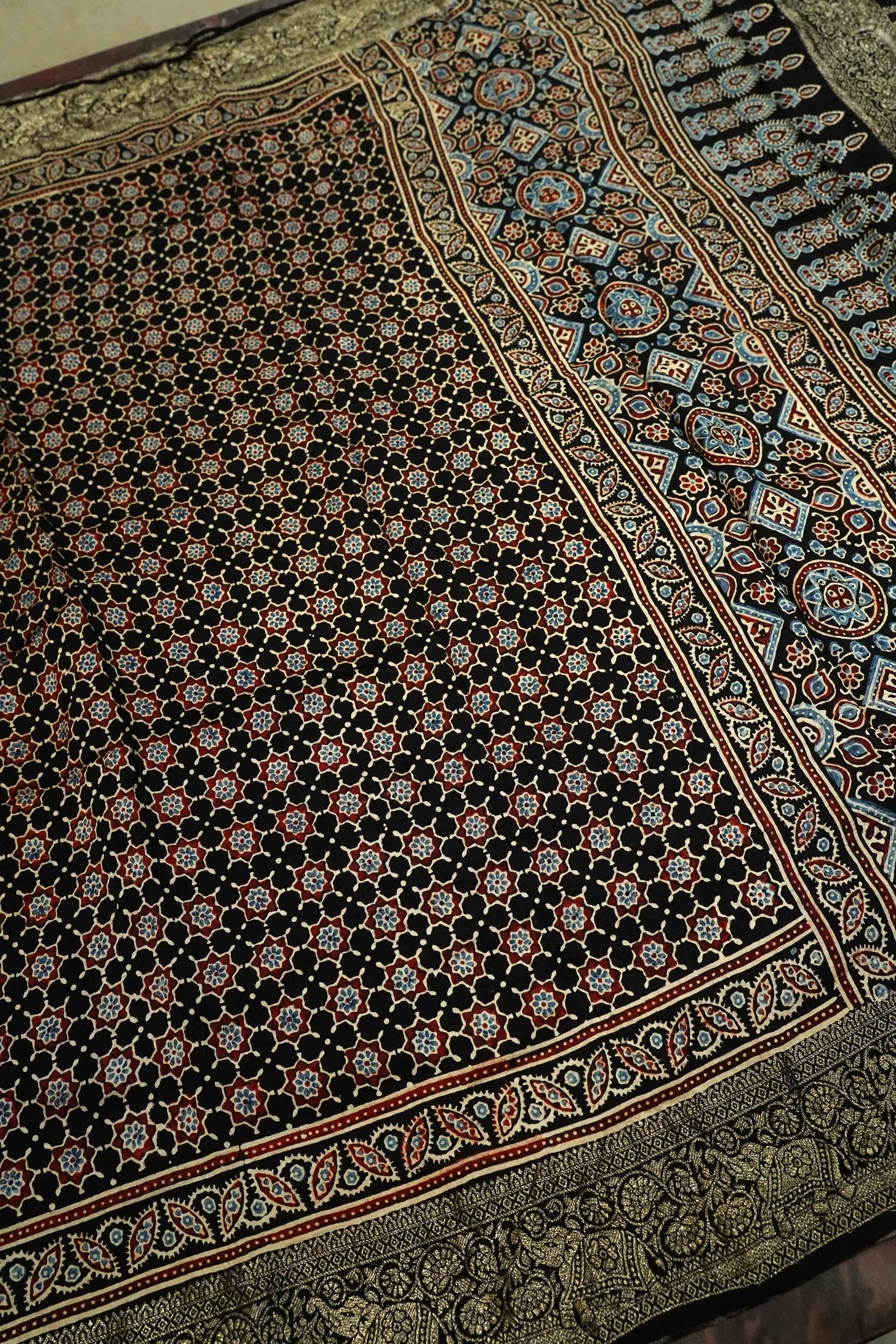 BLACK WITH MULTICOLOR DOLA AJARAKH SILK SAREE 3 - Queens Jewel Emporium