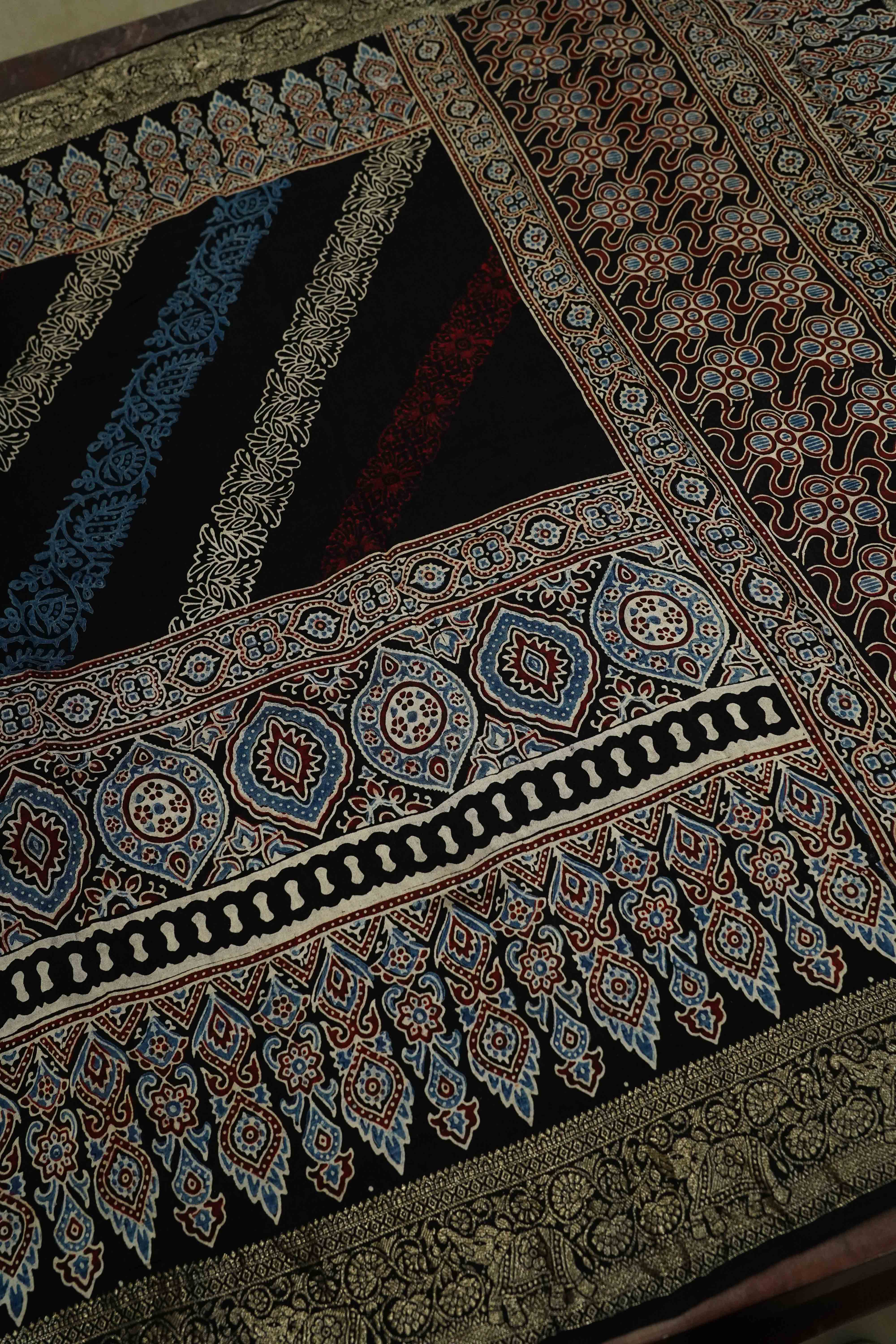 BLACK WITH MULTICOLOR DOLA AJARAKH SILK SAREE 4 - Queens Jewel Emporium