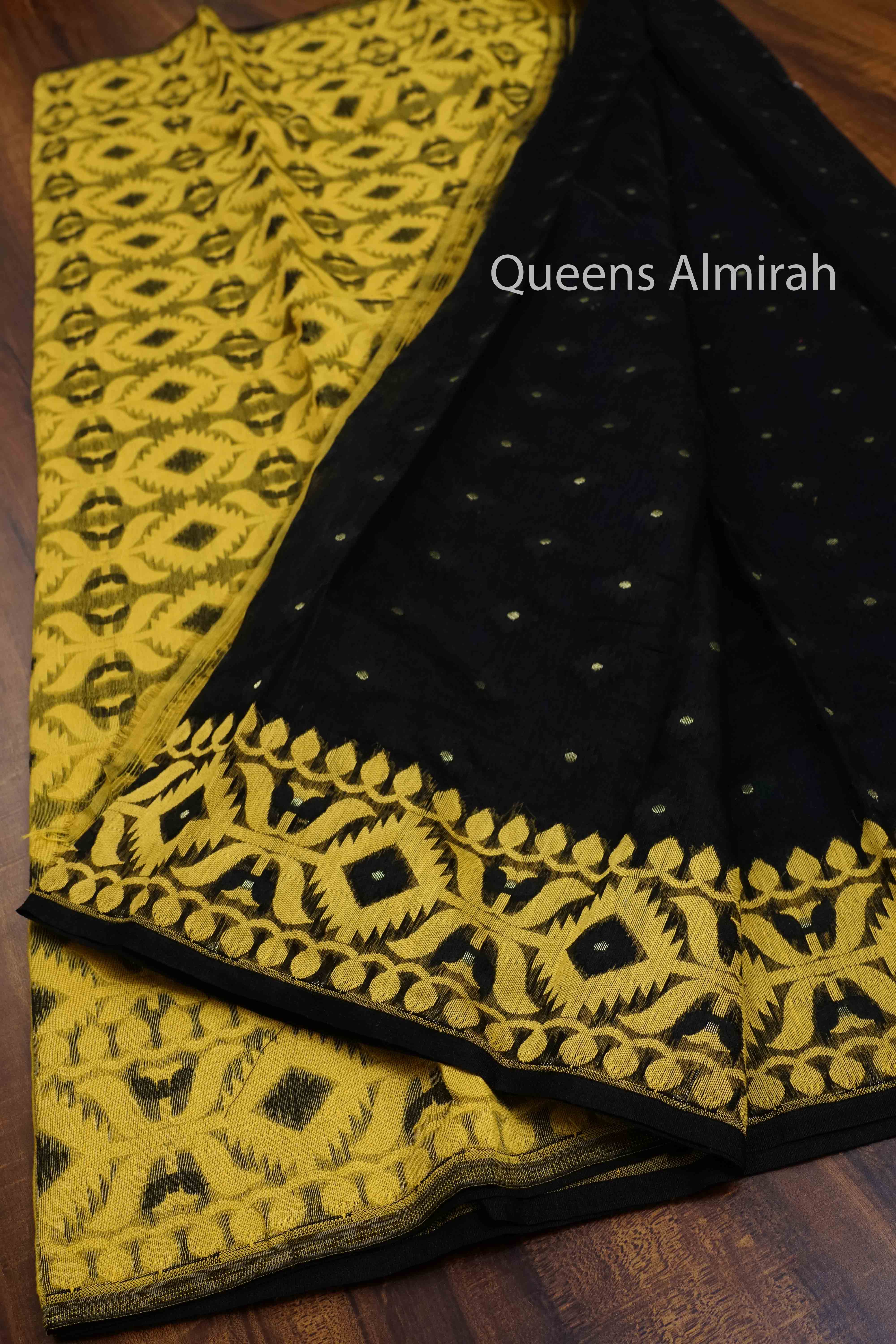 BLACK WITH SUN FLOWER YELLOW JAMDANI COTTON SAREE - Queens Jewel Emporium