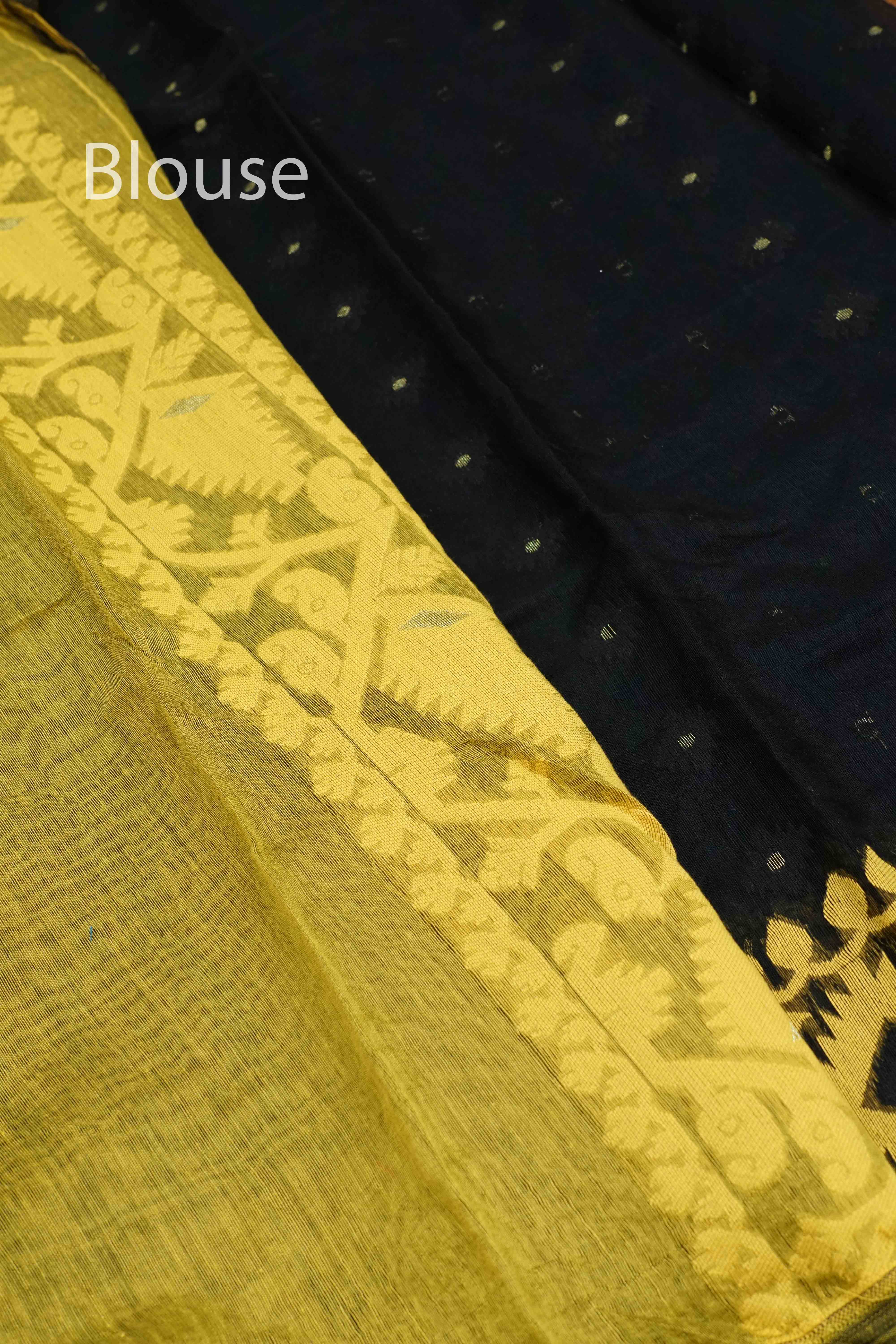 BLACK WITH SUN FLOWER YELLOW JAMDANI COTTON SAREE - Queens Jewel Emporium