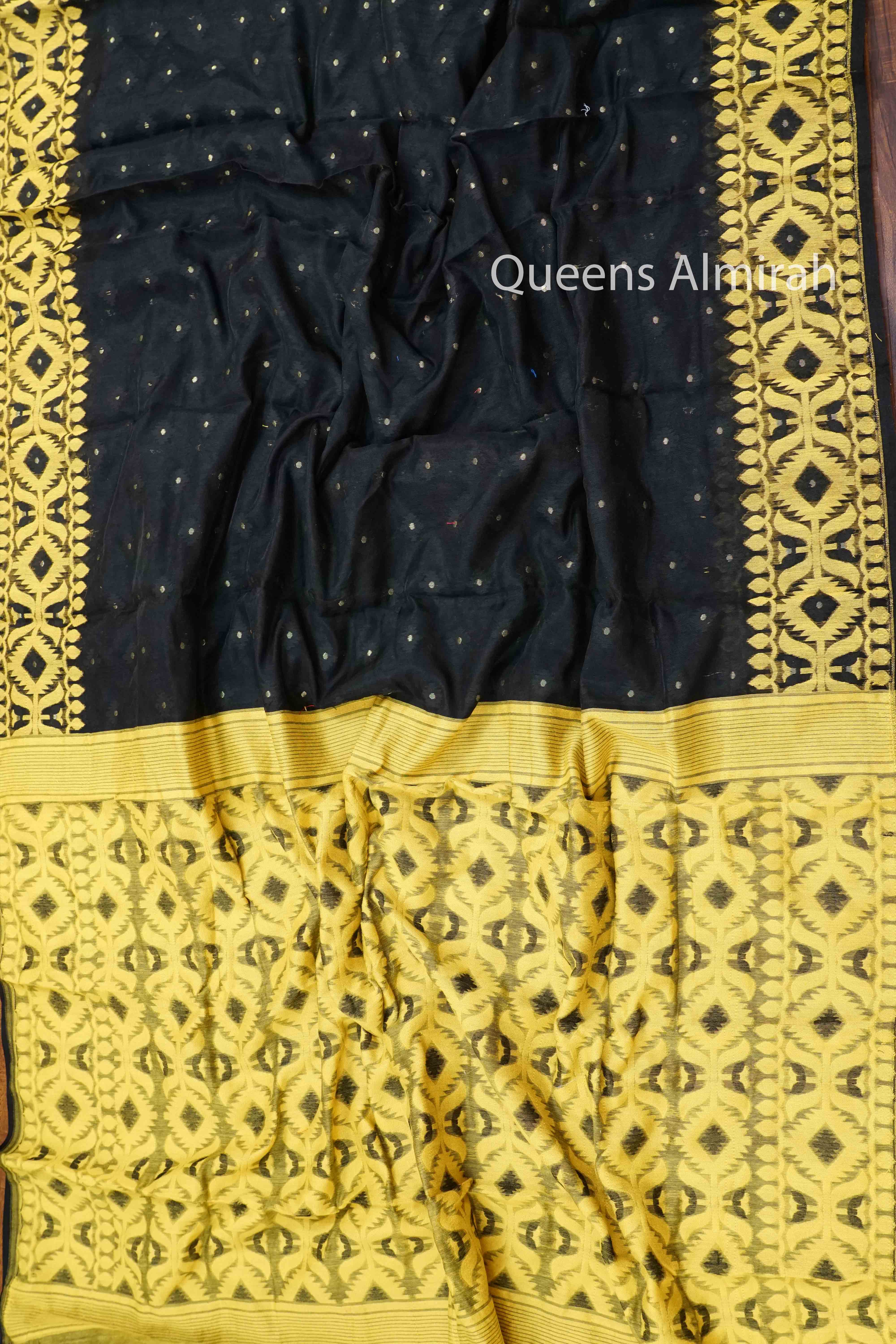 BLACK WITH SUN FLOWER YELLOW JAMDANI COTTON SAREE - Queens Jewel Emporium