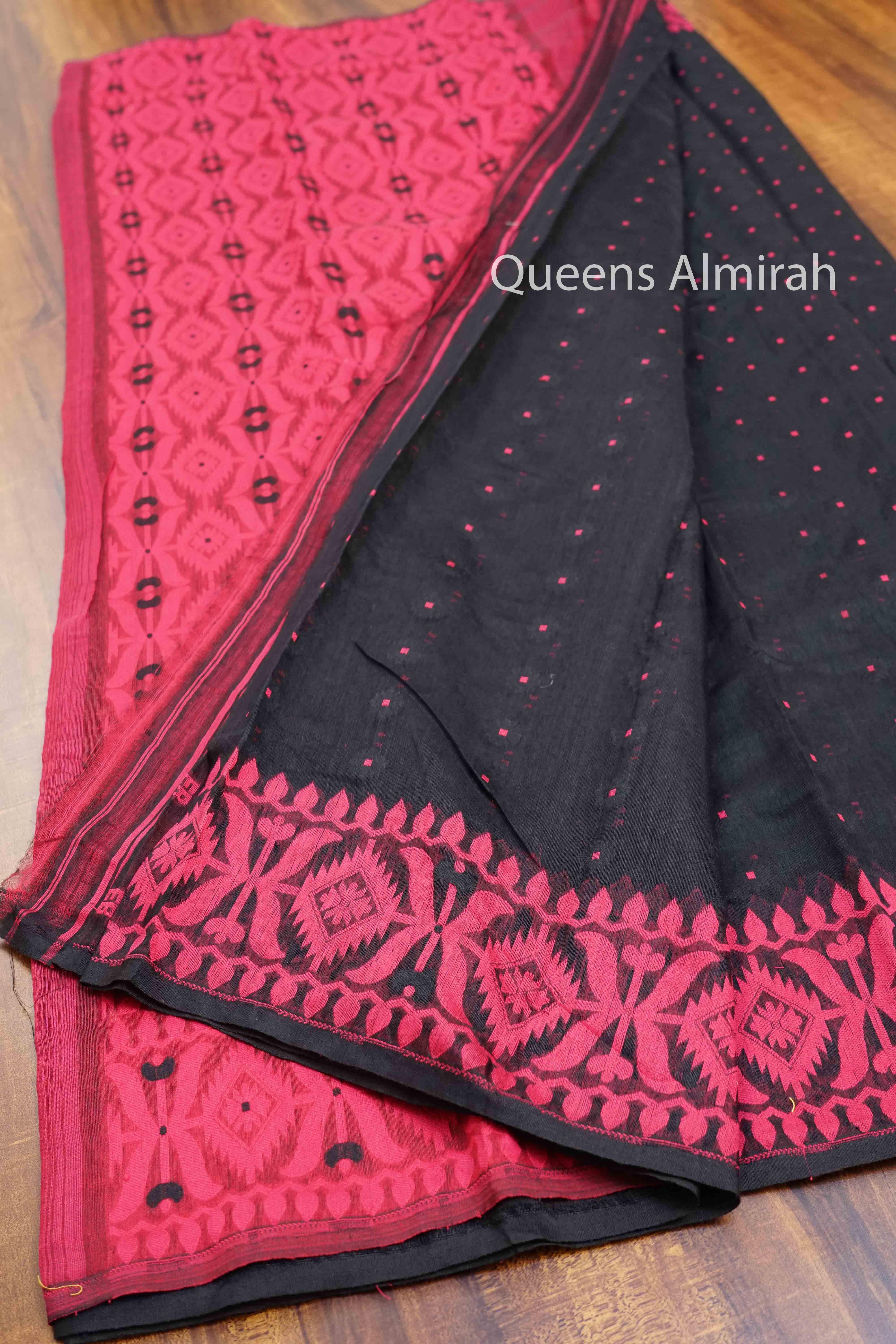 BLACK WITH WARM PINK JAMDANI COTTON SAREE - Queens Jewel Emporium