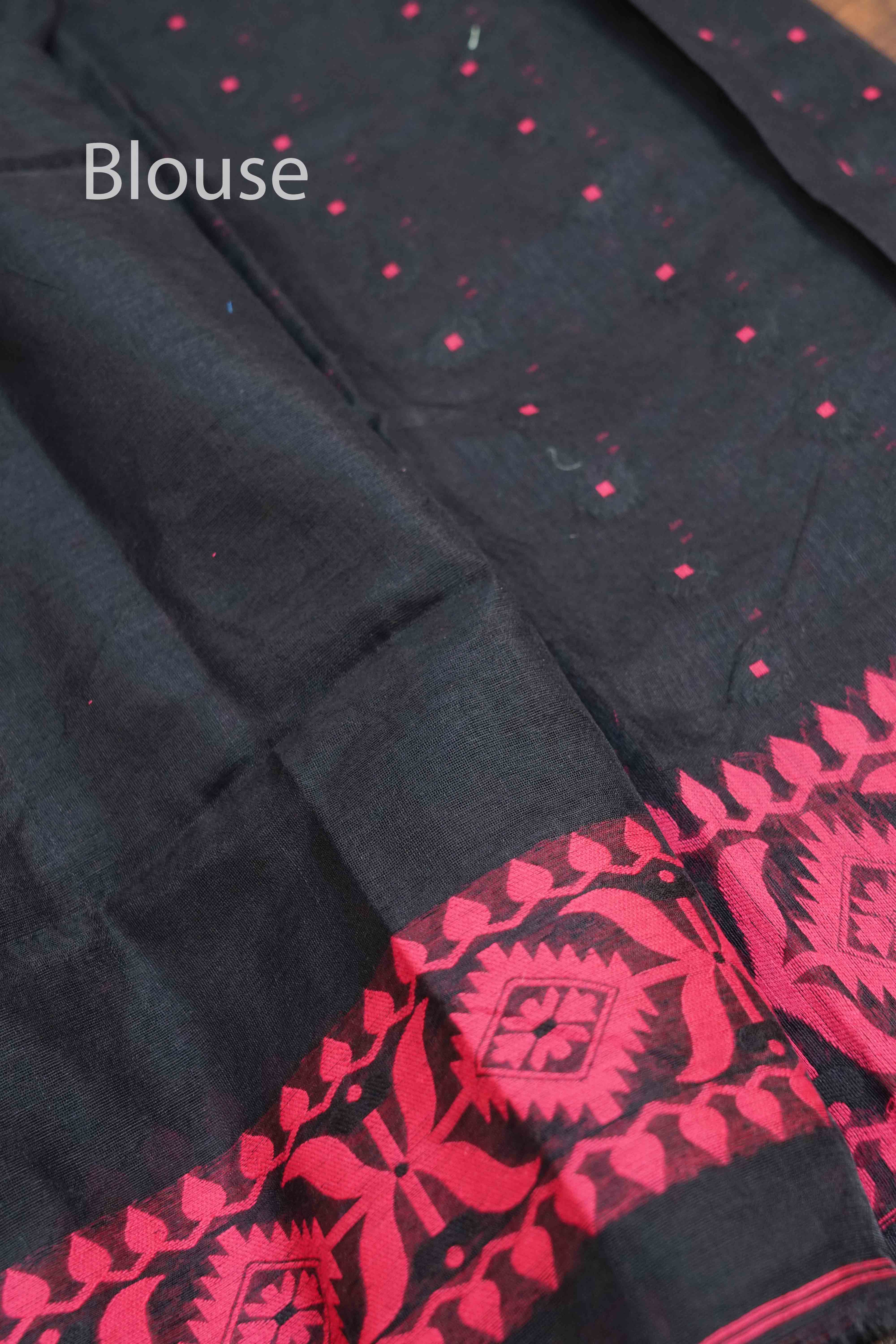 BLACK WITH WARM PINK JAMDANI COTTON SAREE - Queens Jewel Emporium