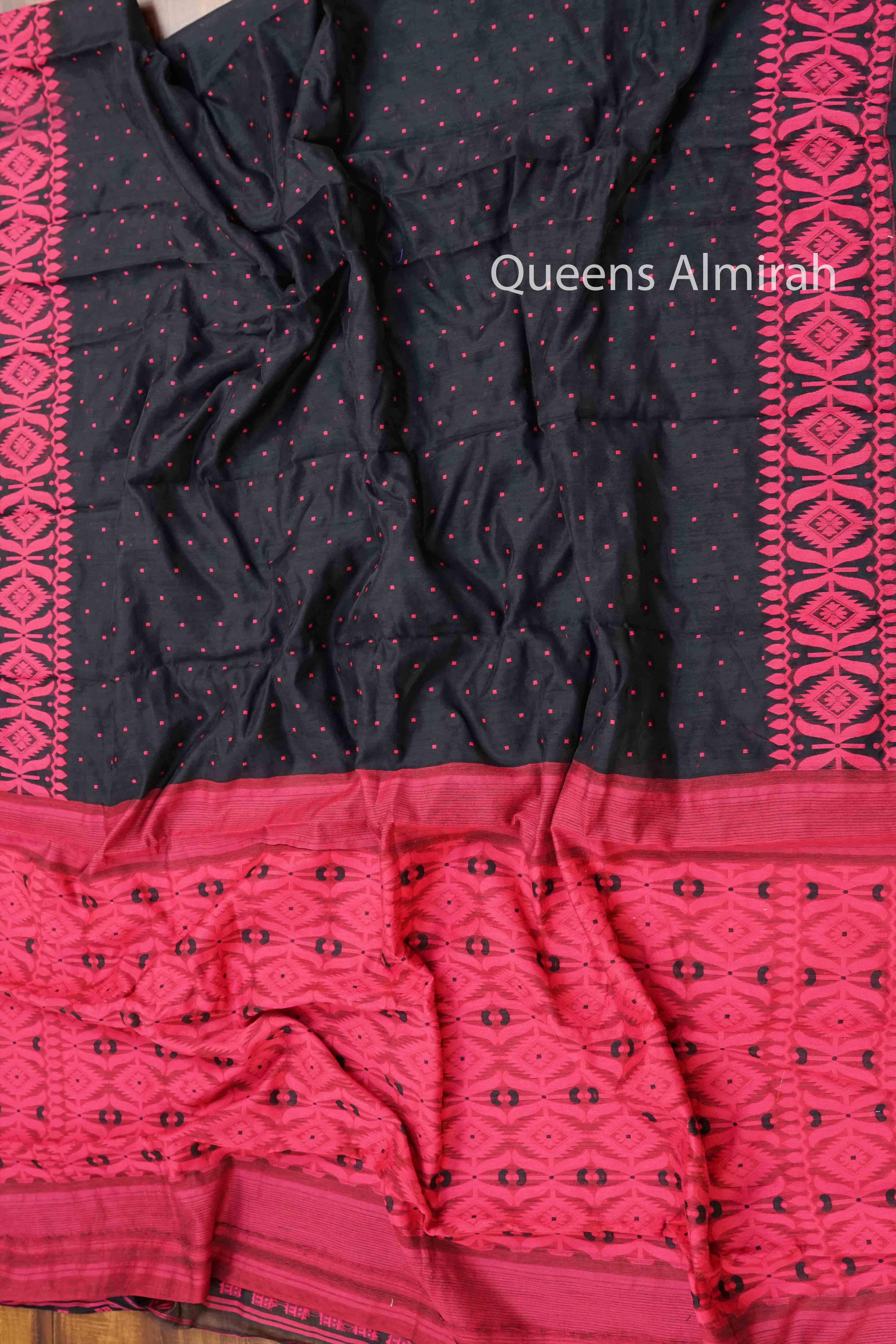 BLACK WITH WARM PINK JAMDANI COTTON SAREE - Queens Jewel Emporium
