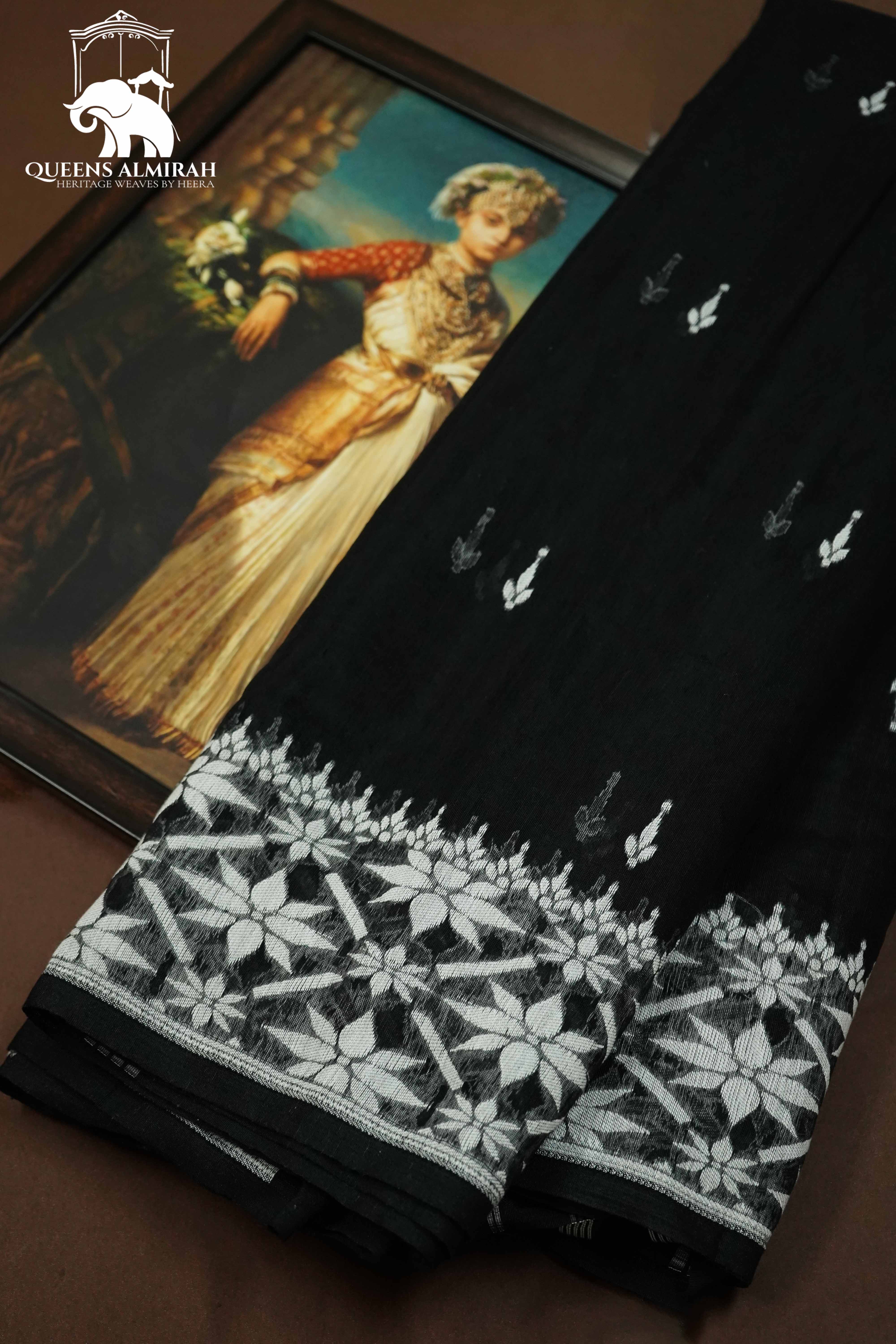 BLACK WITH WHITE JAMDANI COTTON SAREE - Queens Jewel Emporium