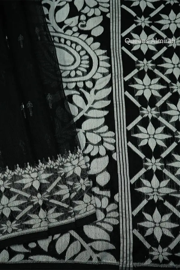BLACK WITH WHITE JAMDANI COTTON SAREE - Queens Jewel Emporium