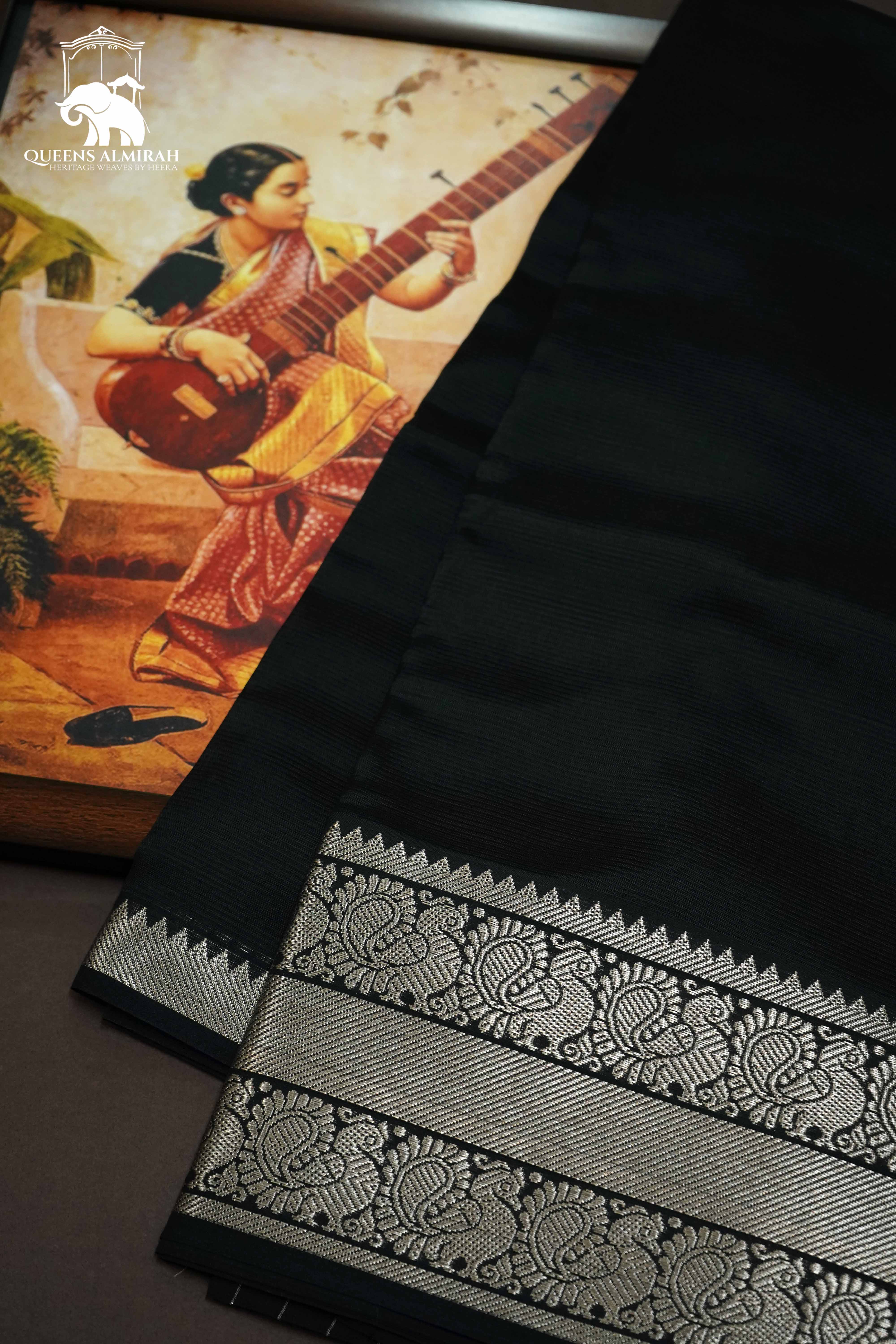 BLACK WITH WOVEN BORDER MANGALGIRI SAREE - Queens Jewel Emporium