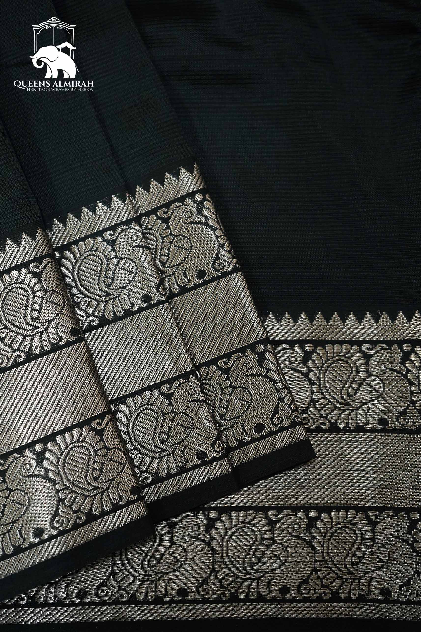 BLACK WITH WOVEN BORDER MANGALGIRI SAREE - Queens Jewel Emporium