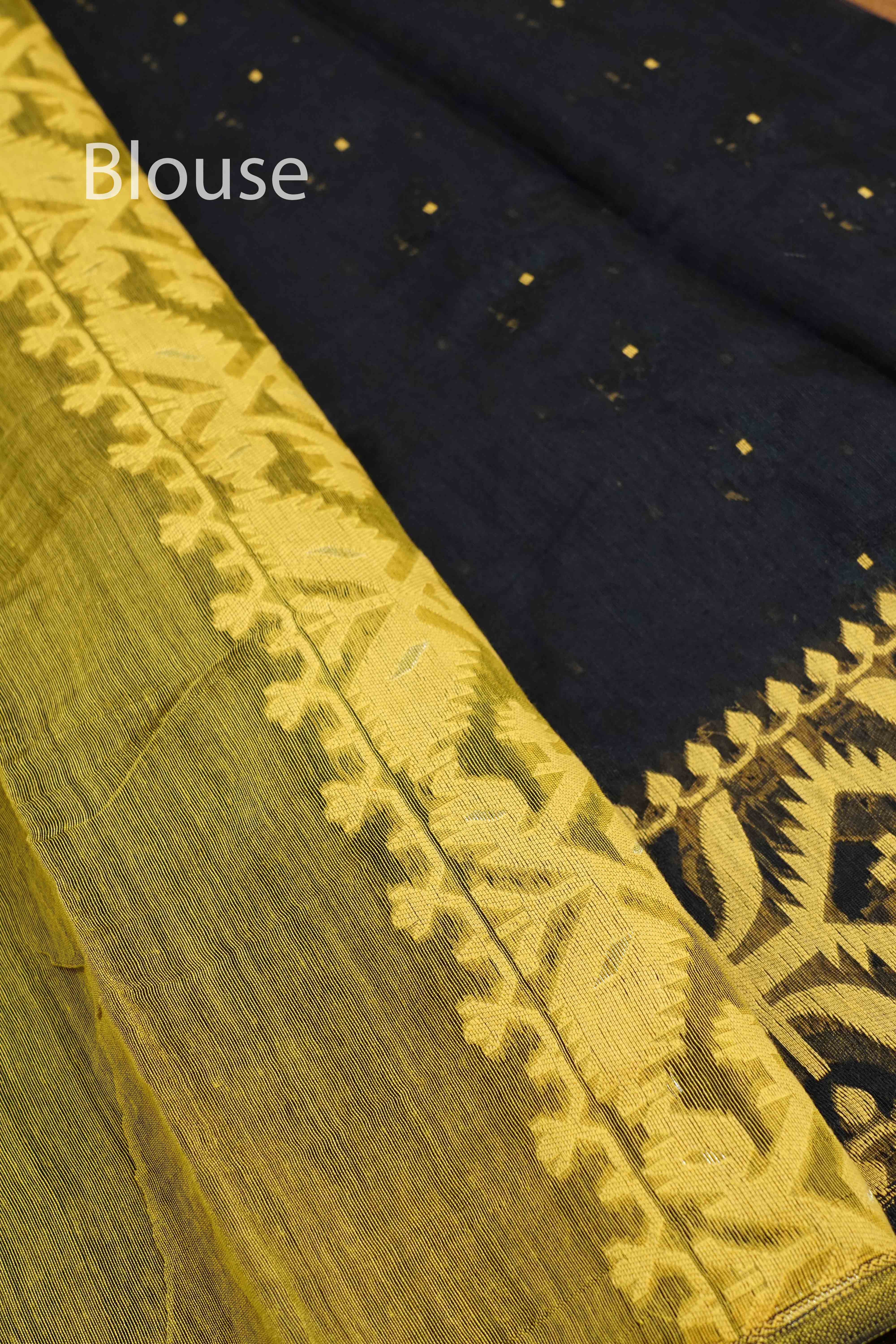 BLACK WITH YELLOW JAMDANI COTTON SAREE 2 - Queens Jewel Emporium