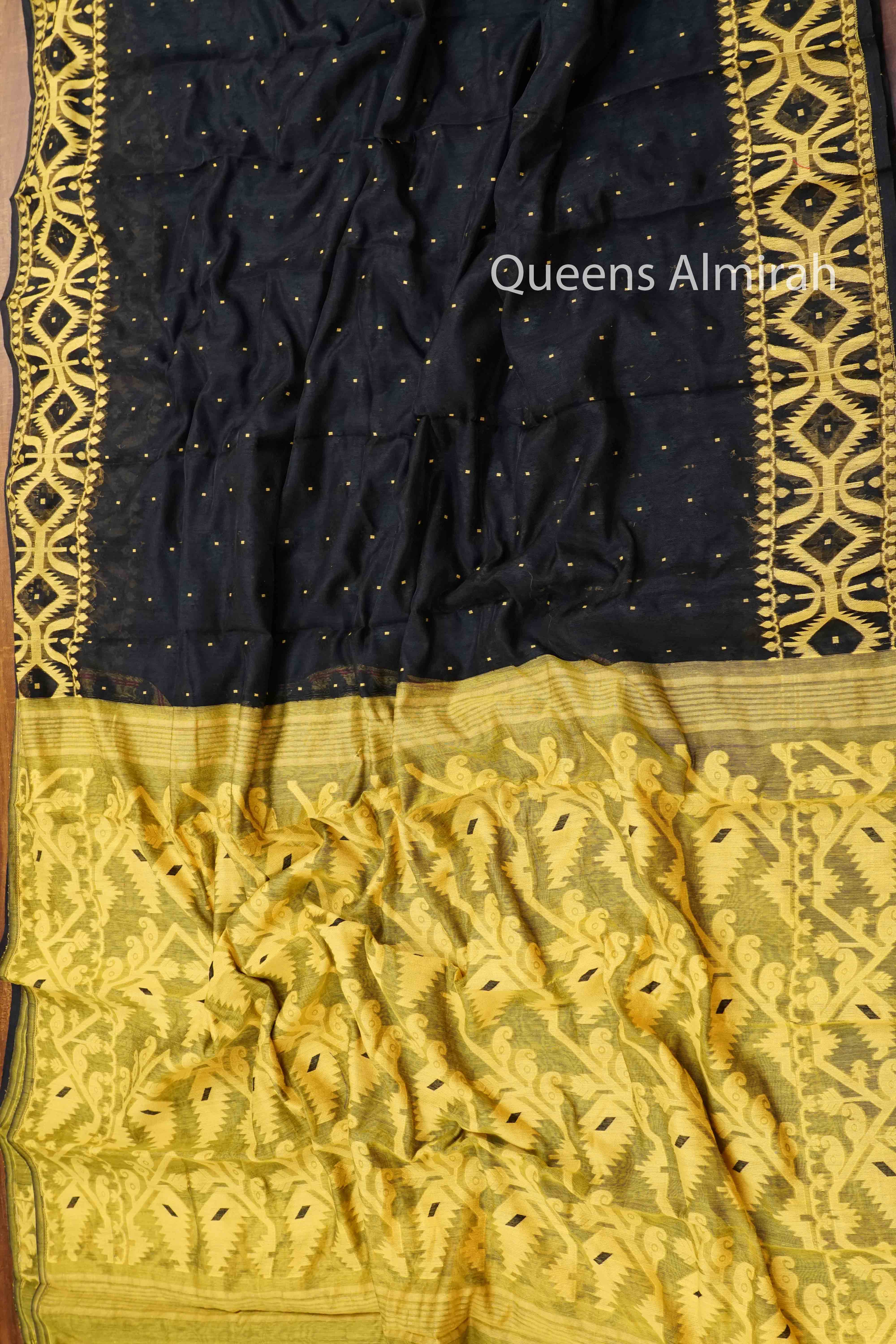 BLACK WITH YELLOW JAMDANI COTTON SAREE 2 - Queens Jewel Emporium