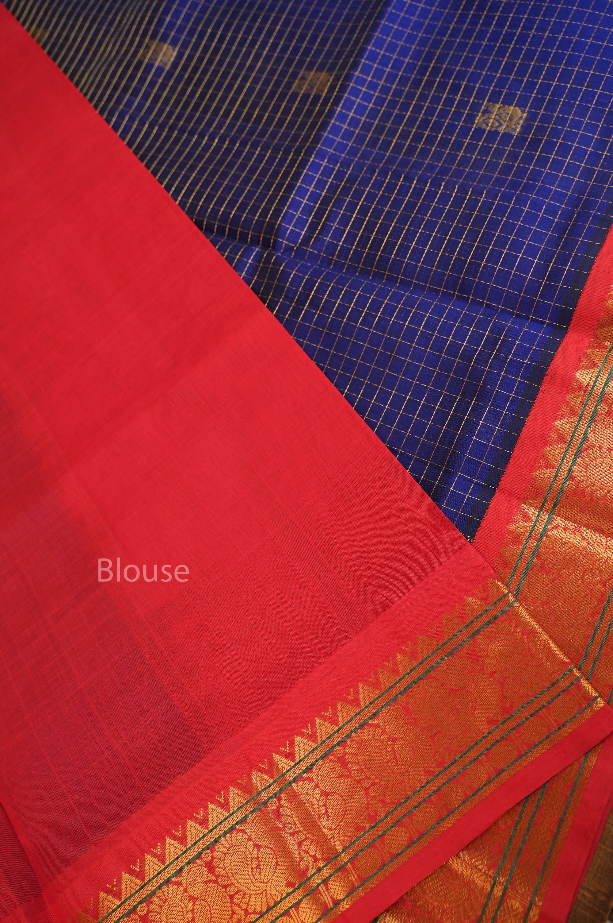Ms Blue Kattam Butta With Red Pure Silk Cotton Saree