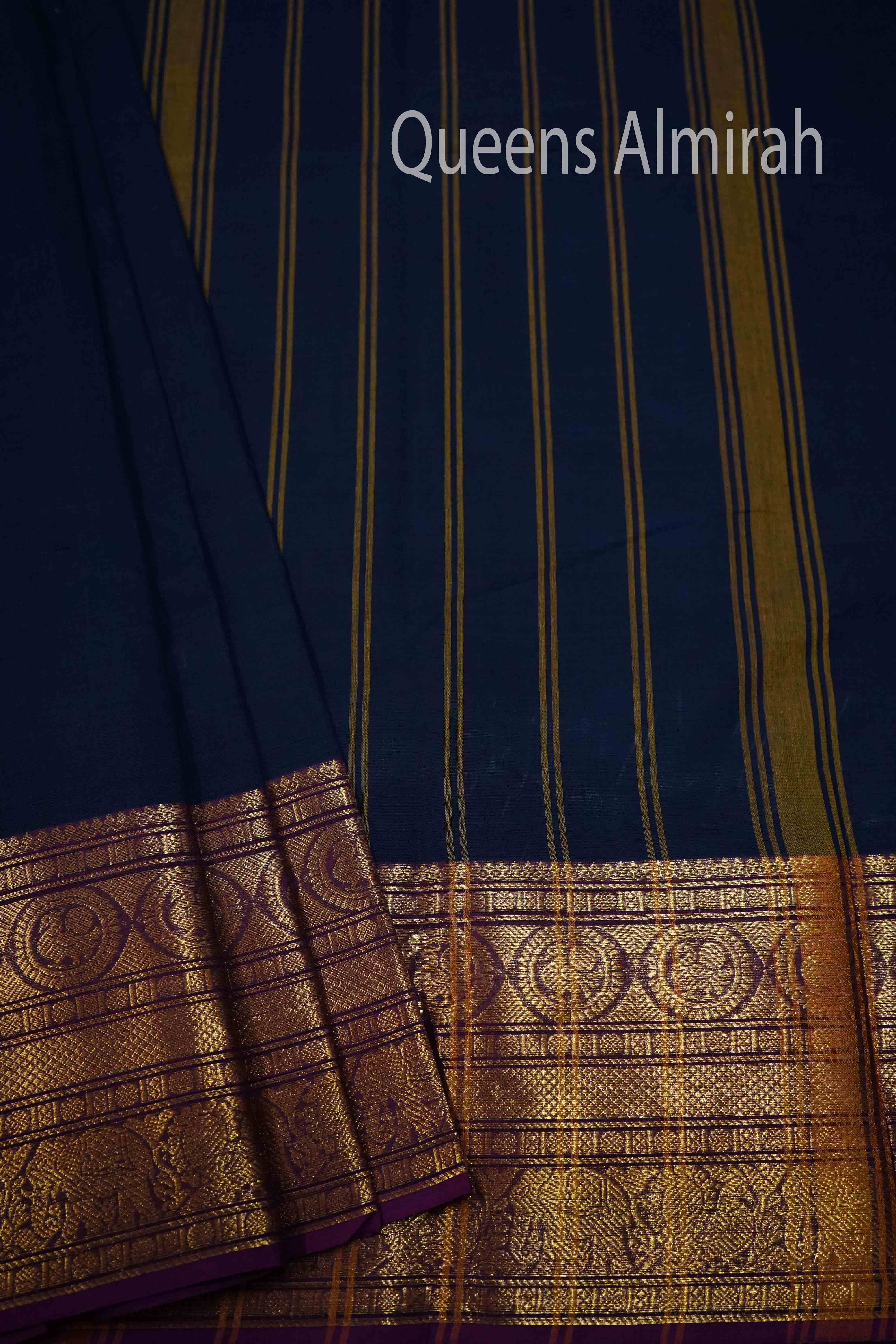 BLUE CHARCOAL WITH PURPLE KANCHI COTTON SAREE - Queens Jewel Emporium