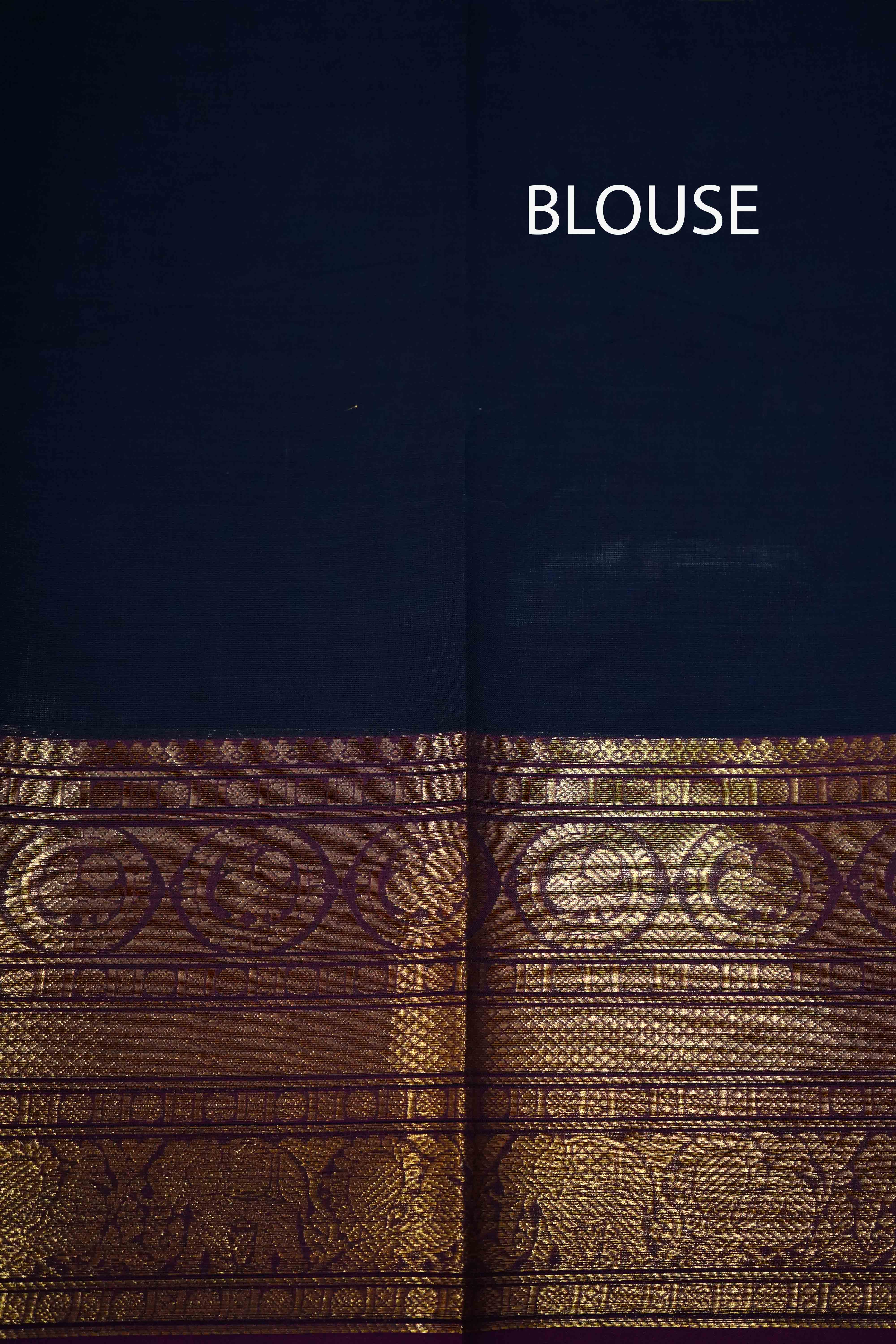 BLUE CHARCOAL WITH PURPLE KANCHI COTTON SAREE - Queens Jewel Emporium