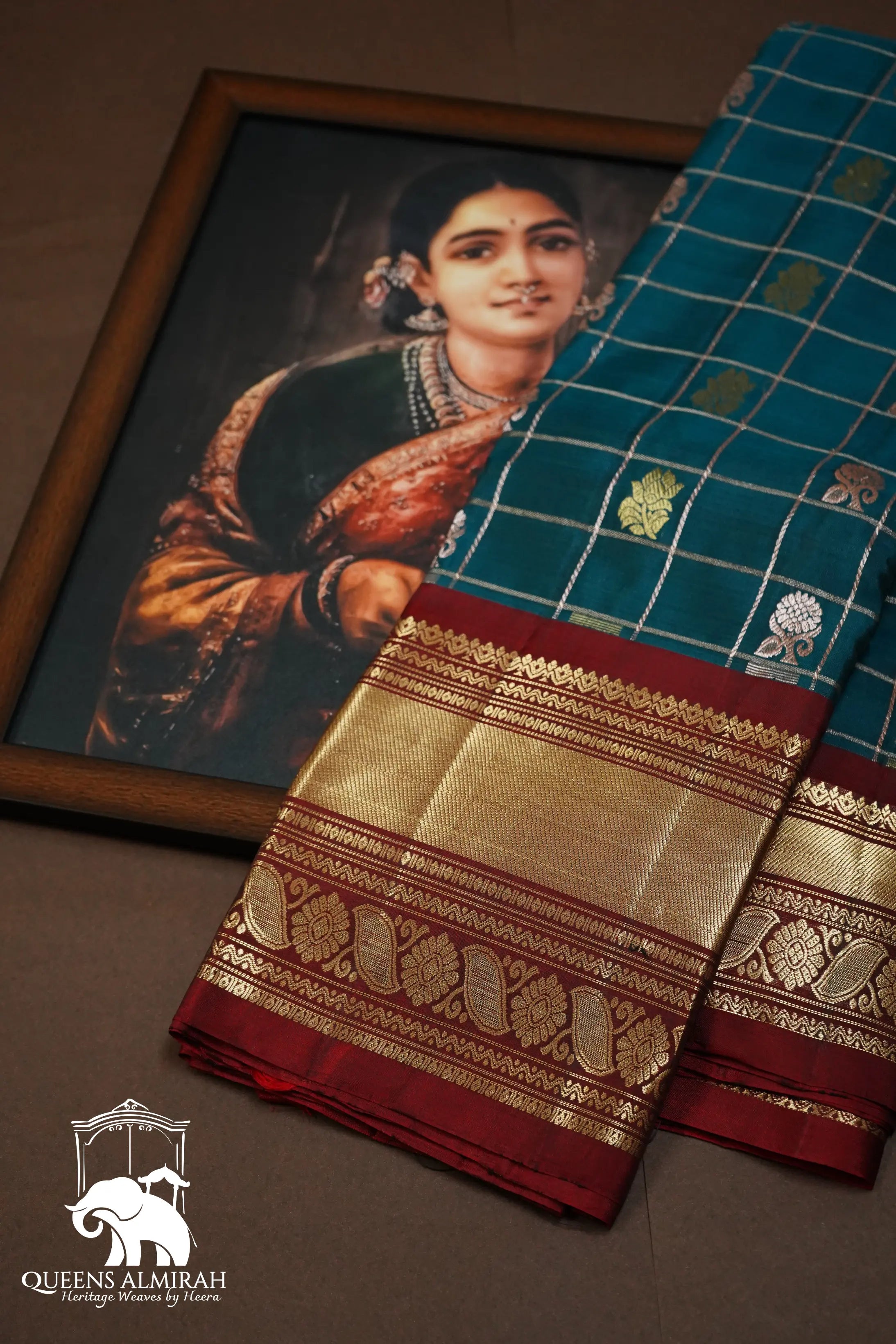 BLUE DIANE WITH WINE BERRY PURE  KANCHIVARAM SILK SAREE - Queens Jewel Emporium