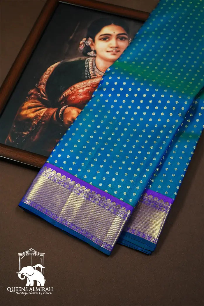 BLUE GREEN WITH LAVENDER INDIGO PURE KANCHIVARAM SILK SAREE - Queens Jewel Emporium
