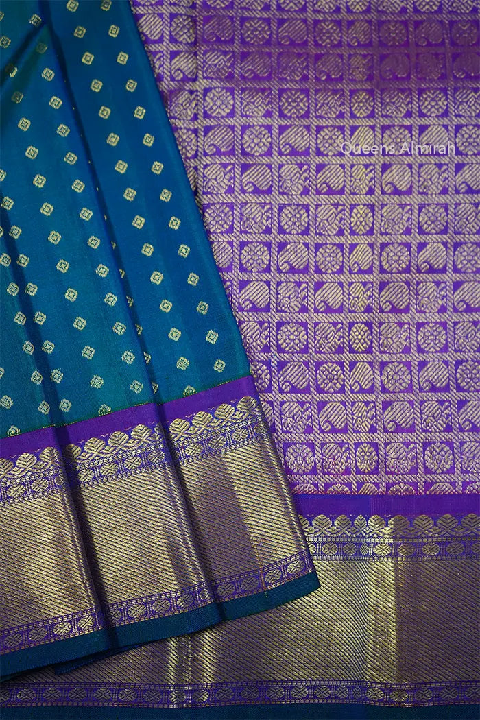 BLUE GREEN WITH LAVENDER INDIGO PURE KANCHIVARAM SILK SAREE - Queens Jewel Emporium