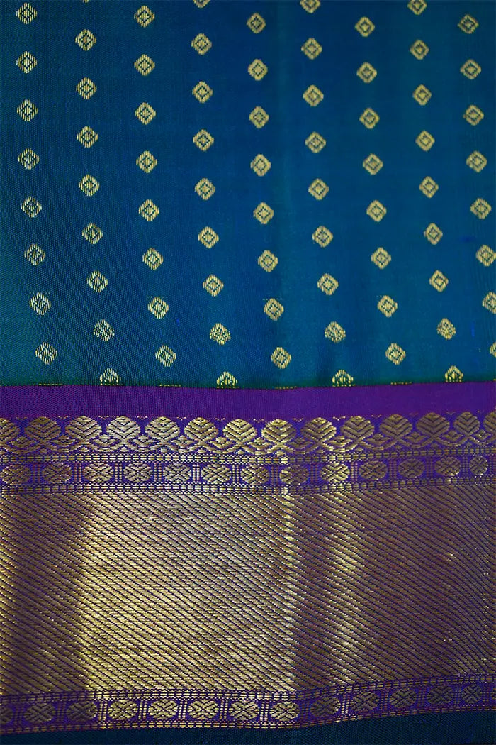 BLUE GREEN WITH LAVENDER INDIGO PURE KANCHIVARAM SILK SAREE - Queens Jewel Emporium