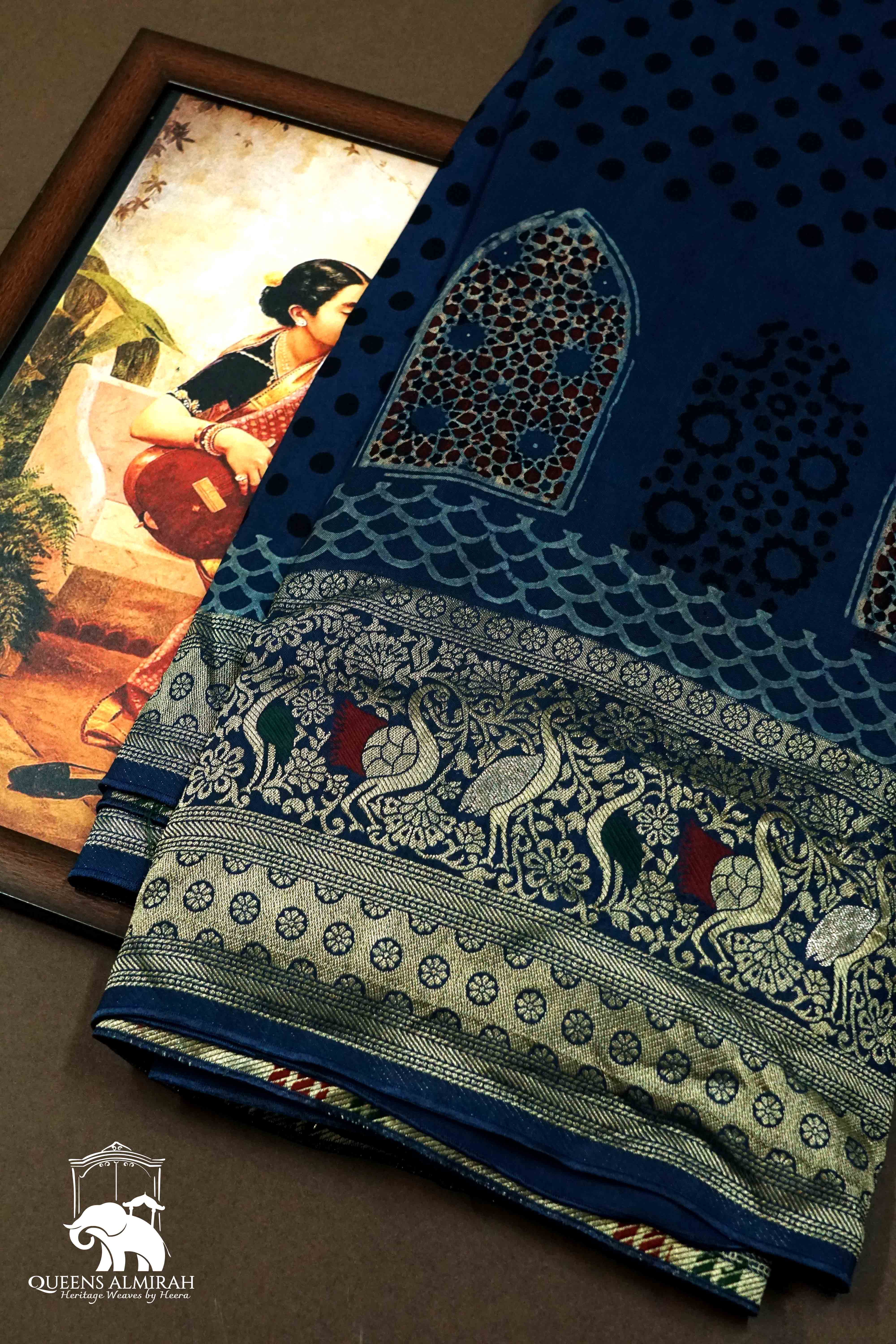 BLUE GREY DOLA AJARAKH SILK SAREE - Queens Jewel Emporium