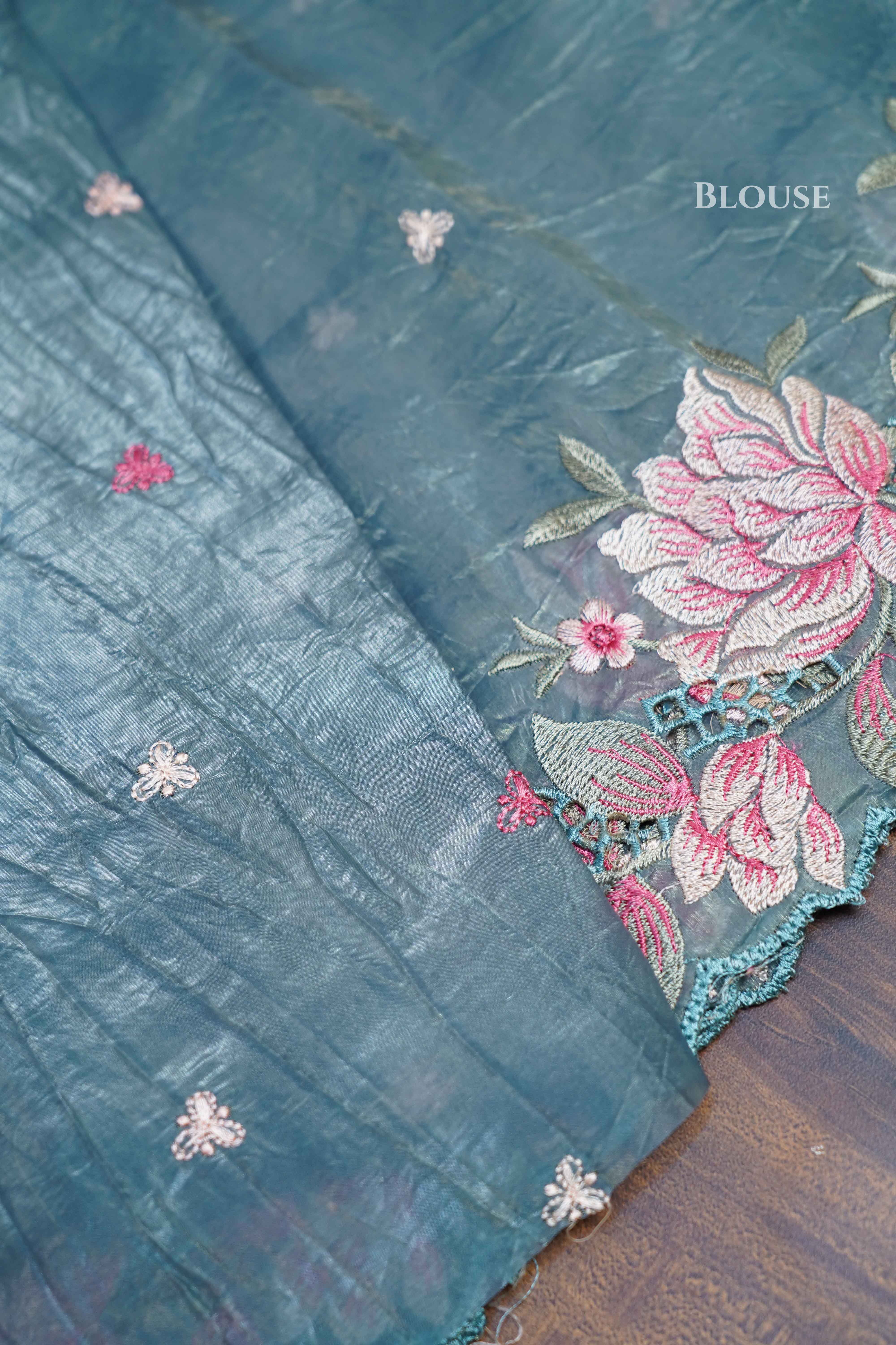 BLUE GREY GLASS TISSUE SAREE - Queens Jewel Emporium