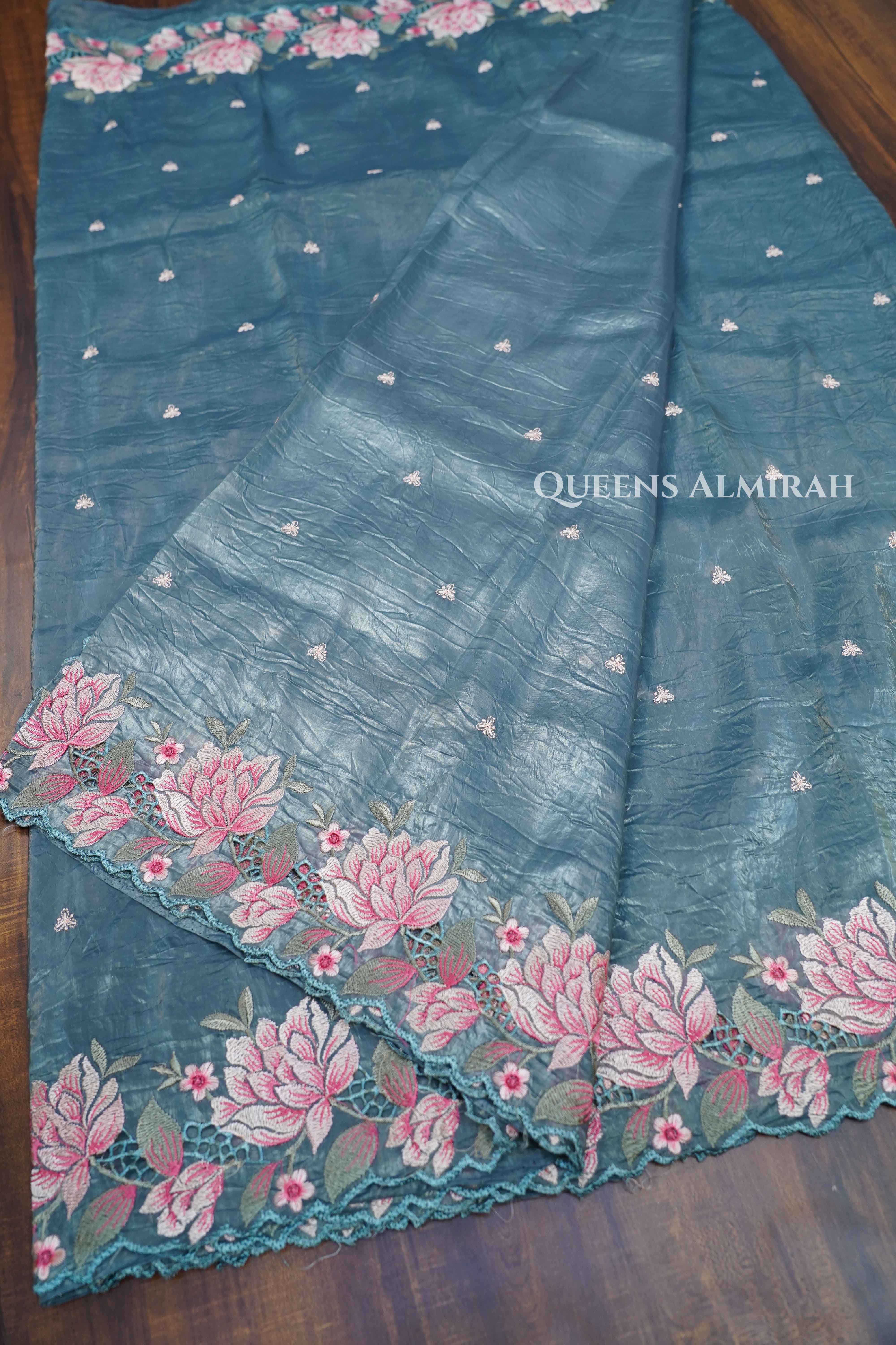 BLUE GREY GLASS TISSUE SAREE - Queens Jewel Emporium