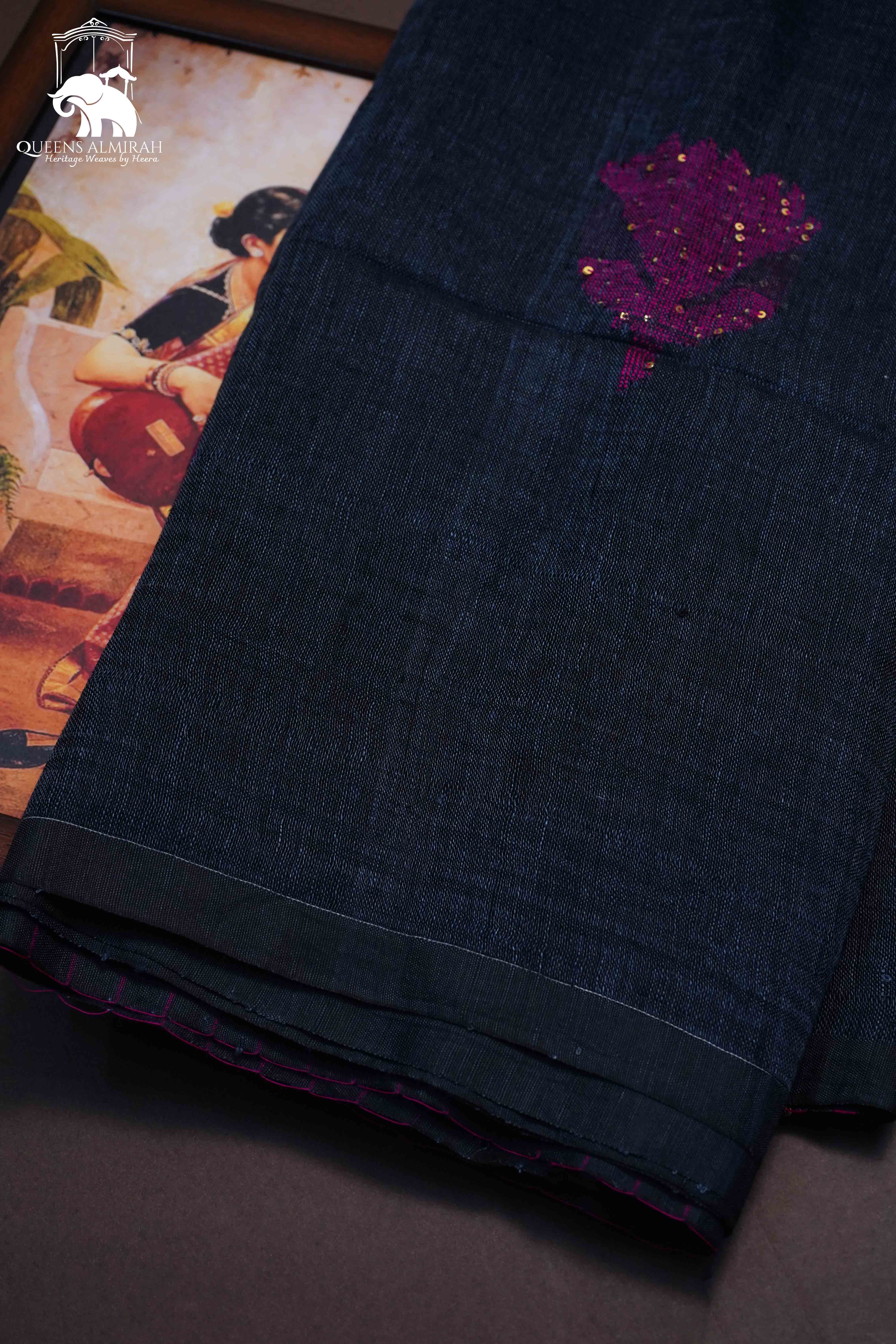 BLUE GREY LINEN COTTON SAREE - Queens Jewel Emporium