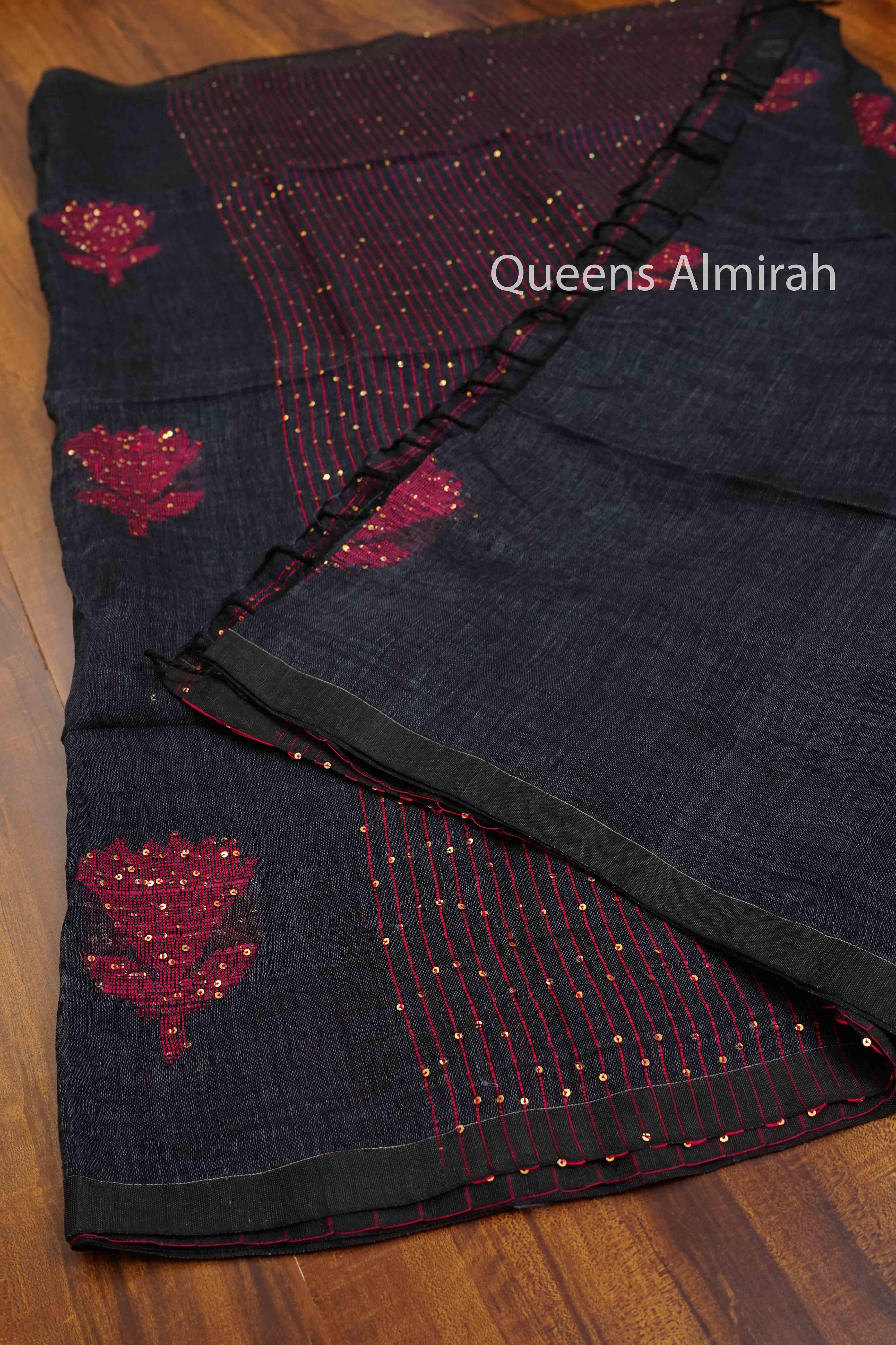 BLUE GREY LINEN COTTON SAREE - Queens Jewel Emporium
