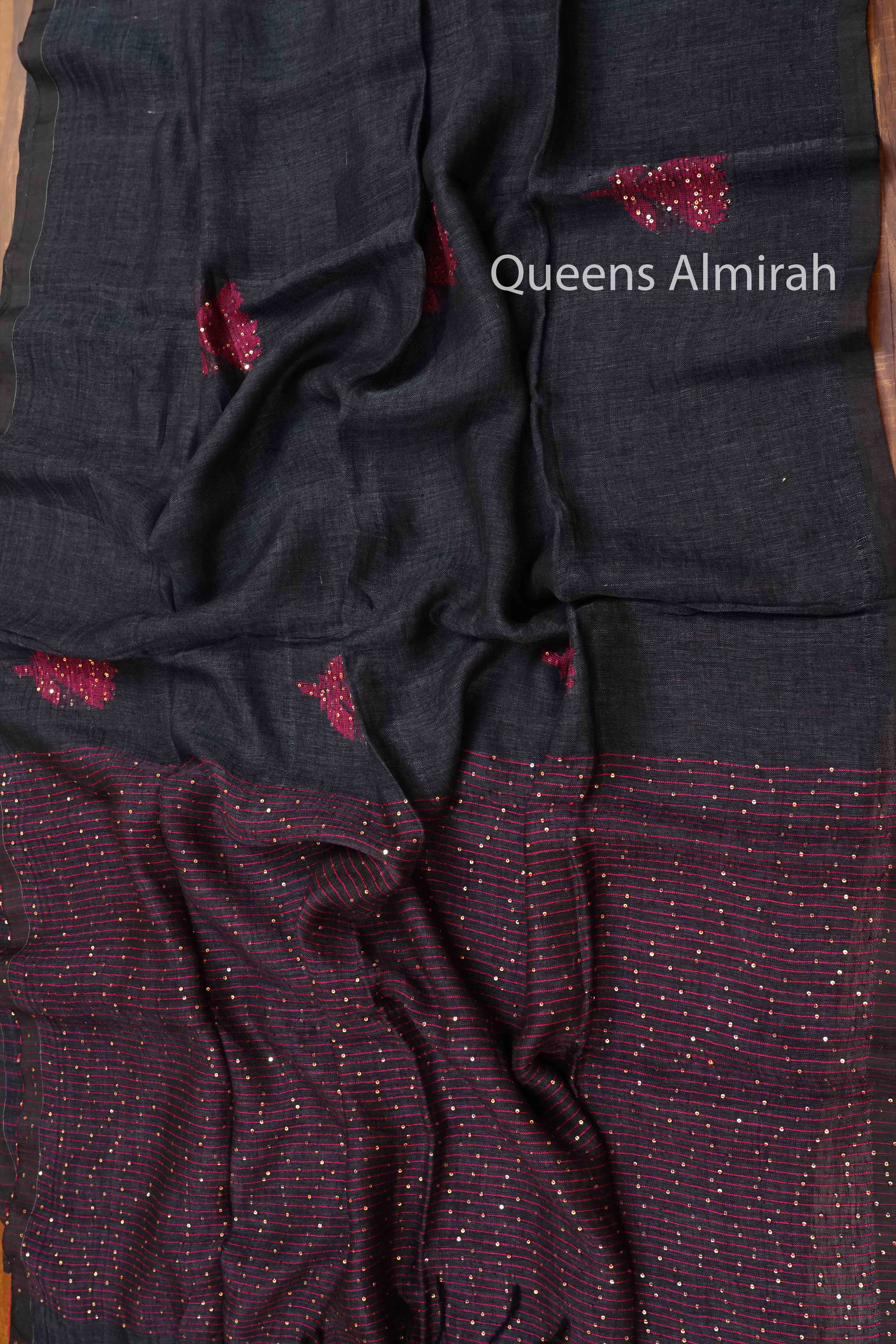 BLUE GREY LINEN COTTON SAREE - Queens Jewel Emporium